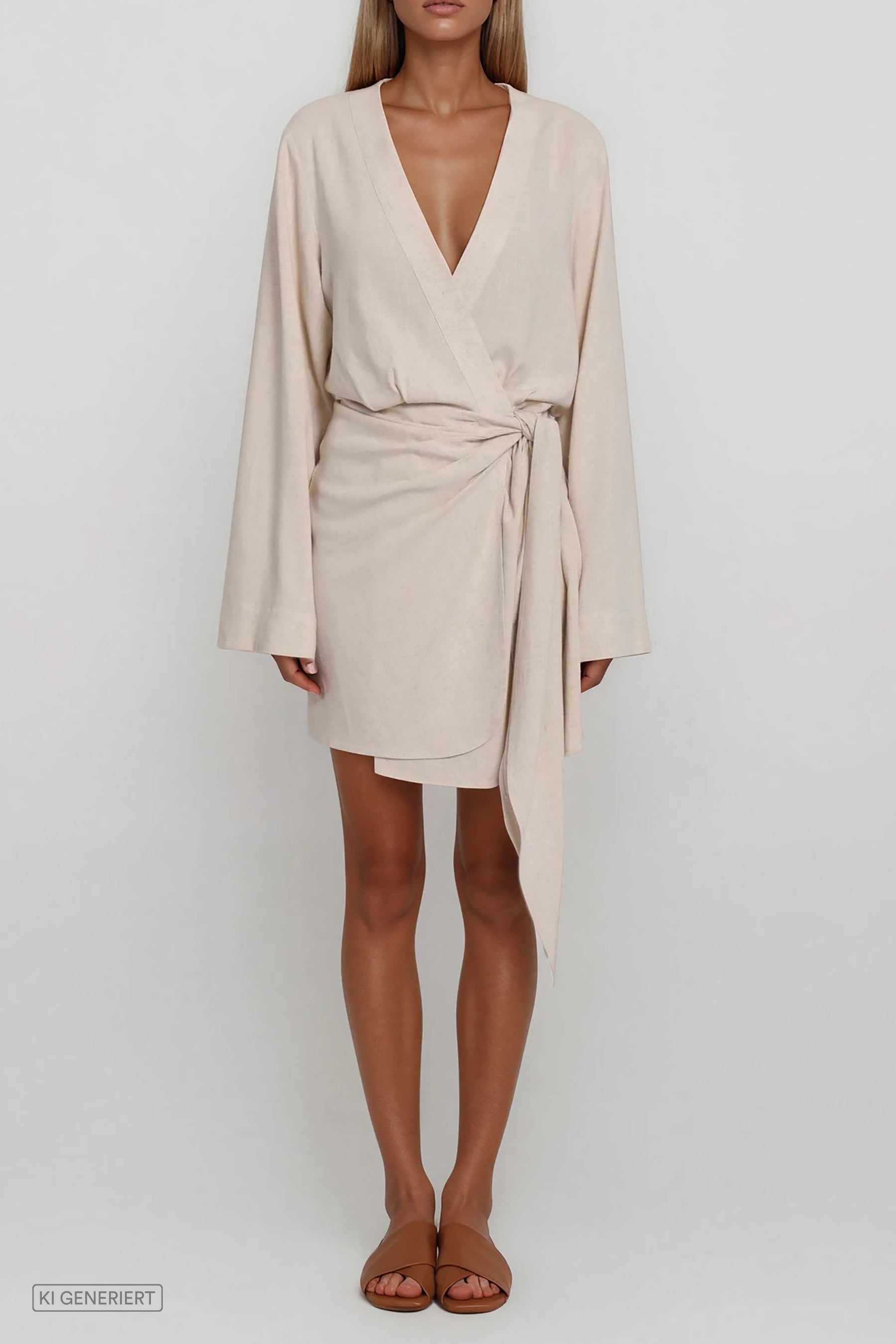 Beiges Wickelkleid mit langen Ärmeln und asymmetrischem Saum, frontale Gesamtansicht