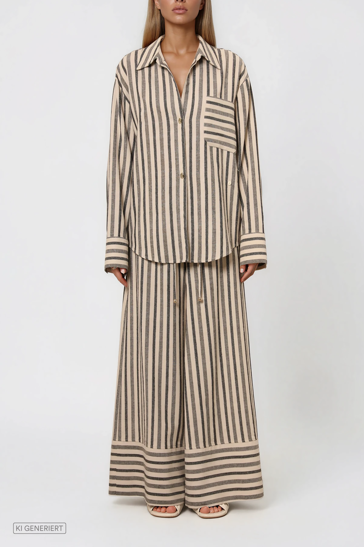 Model trägt eine gestreifte Bluse mit asymmetrischer Knopfleiste und Brusttasche, kombiniert mit einer weit geschnittenen Hose im passenden Streifenmuster.