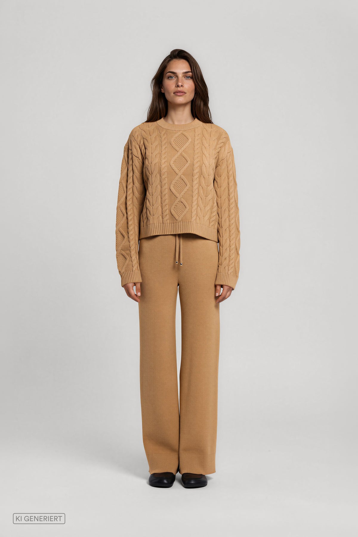 Frontansicht eines Models in einem camelbraunen Strickset aus Pullover mit Zopfmuster und weit geschnittener Strickhose mit Bindeband.