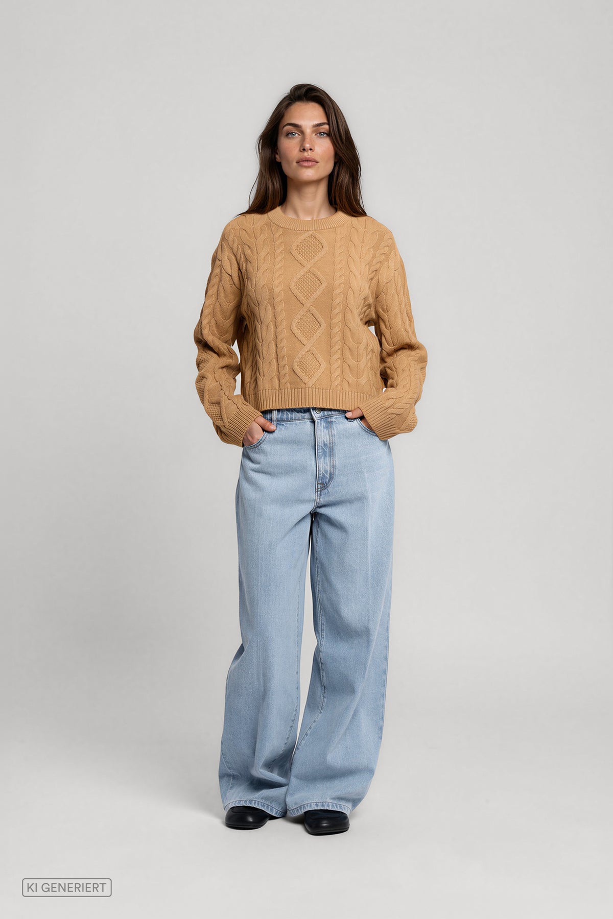 Frontansicht eines Models in einem camelbraunen Strickpullover mit Zopfmuster und Rippbündchen, kombiniert mit einer hellblauen, weit geschnittenen Jeans.