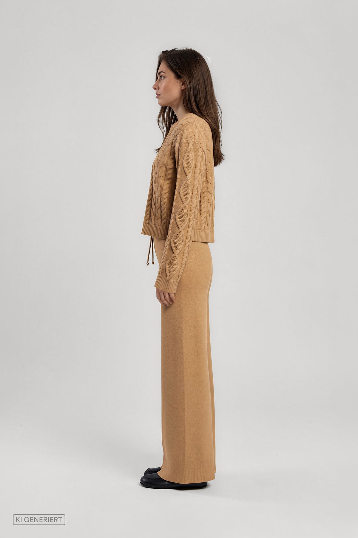 Seitenansicht eines Models in einem camelbraunen Strickset aus Pullover mit Zopfmuster und weit geschnittener Strickhose mit Bindeband.
