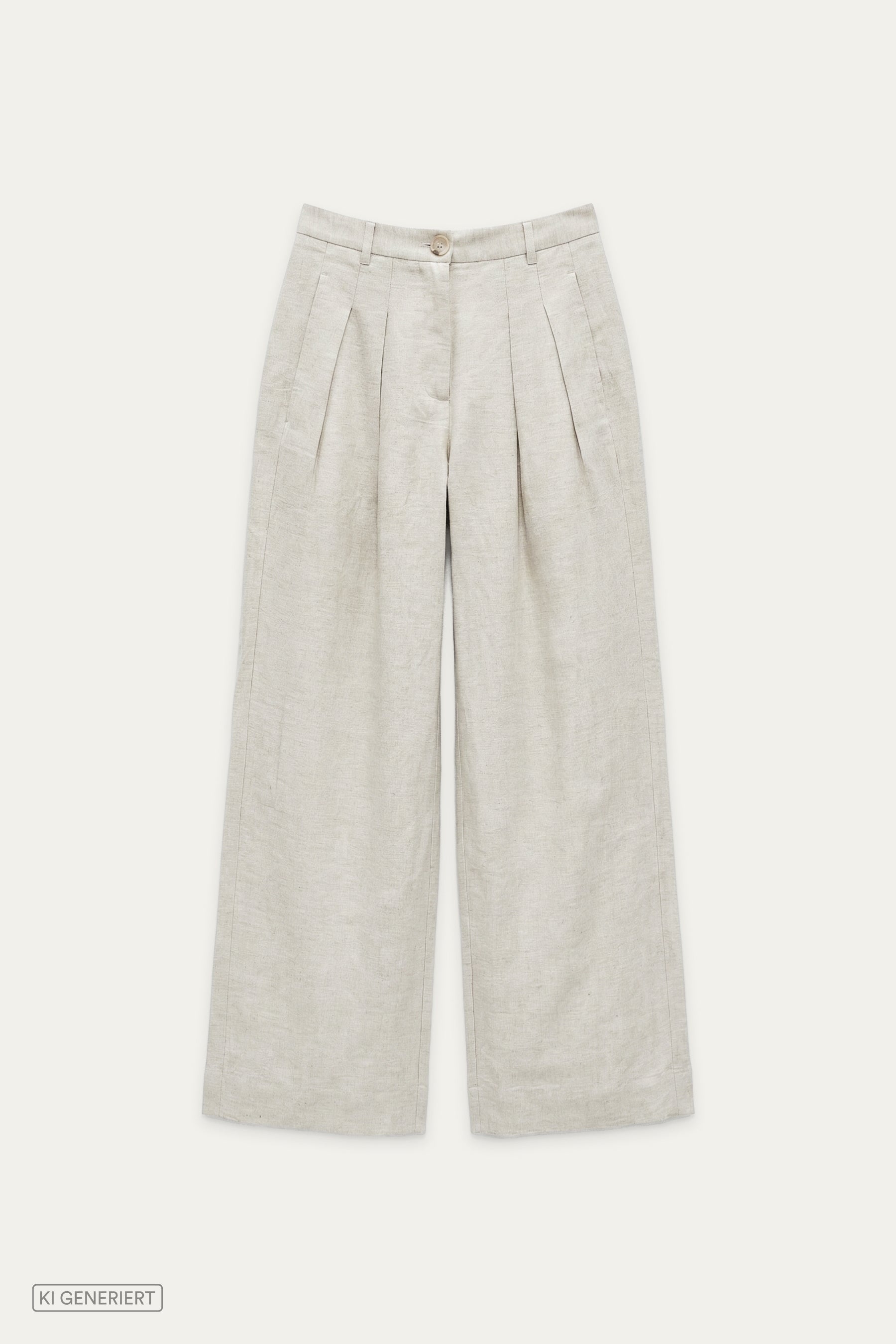 Beige weite Hose aus Leinen mit hoher Taille, Bund mit Knopfverschluss, Bundfalten und geradem Beinverlauf