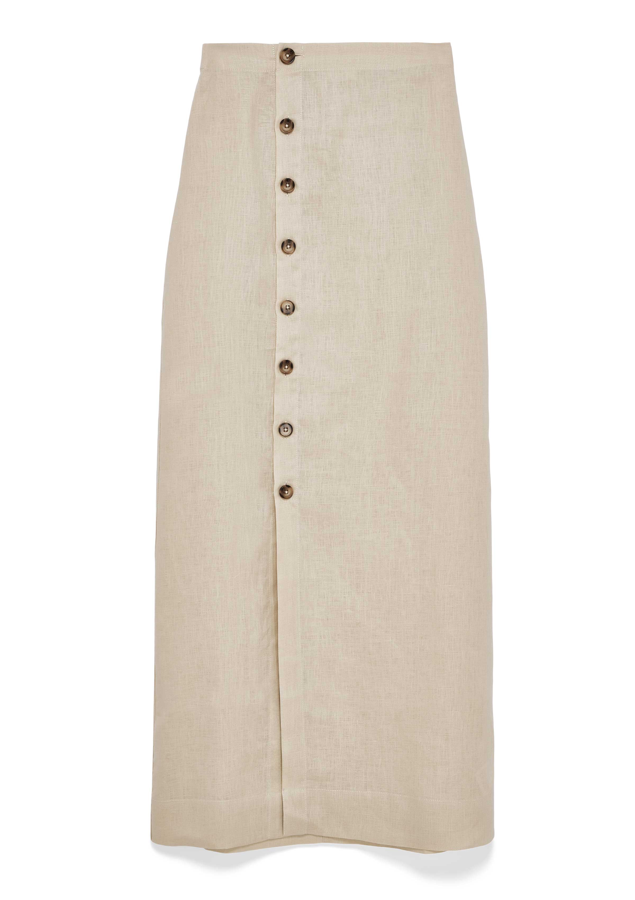 Beigefarbener Leinenrock in Midi-Länge mit seitlicher Knopfleiste aus dunklen Knöpfen. Gerader, leicht ausgestellter Schnitt mit schmalem Bund.