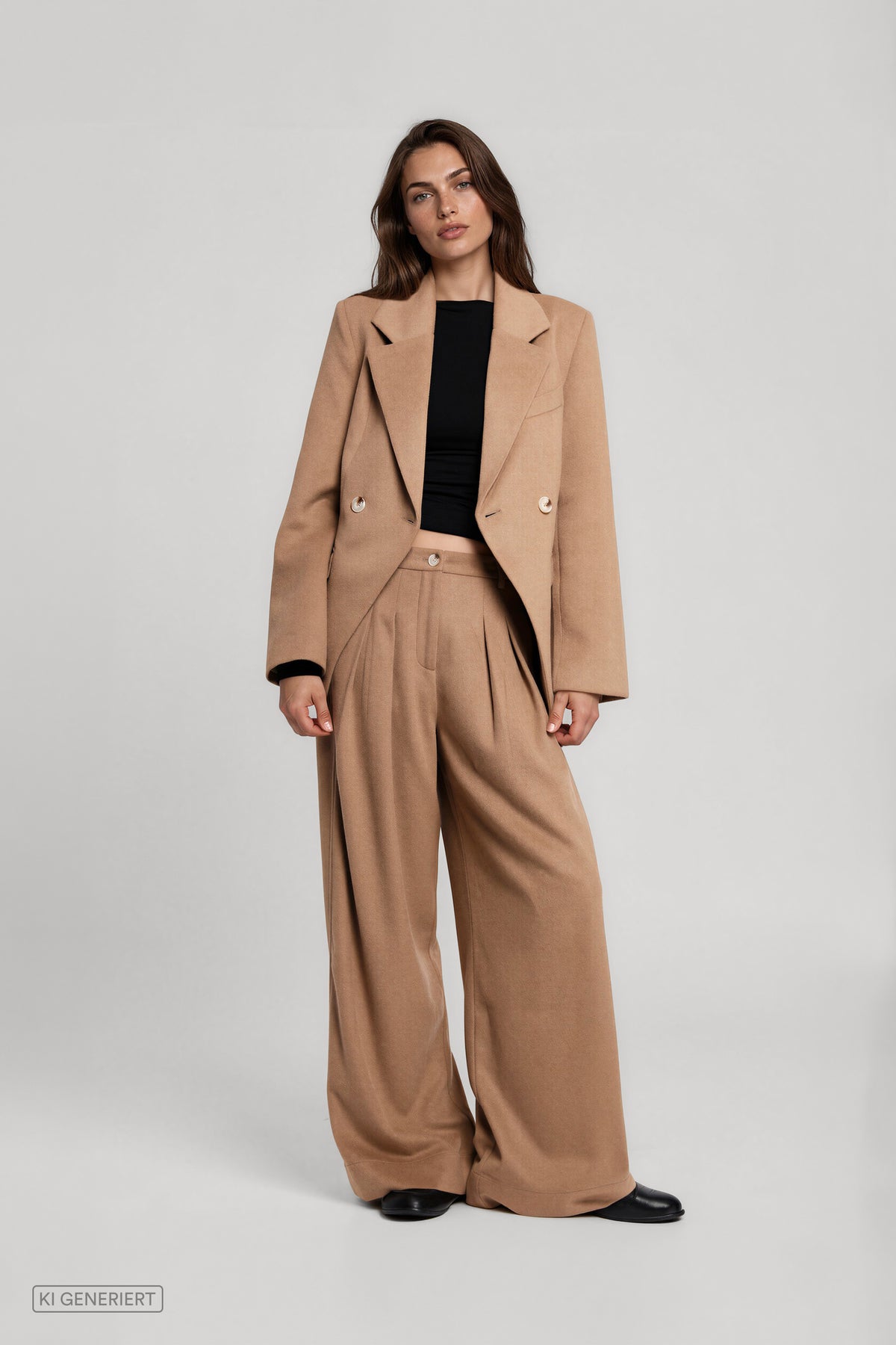 Vorderansicht eines Models in einem camelbraunen Hosenanzug mit doppelreihigem Blazer und weit geschnittener Bundfaltenhose, kombiniert mit einem schwarzen Oberteil.