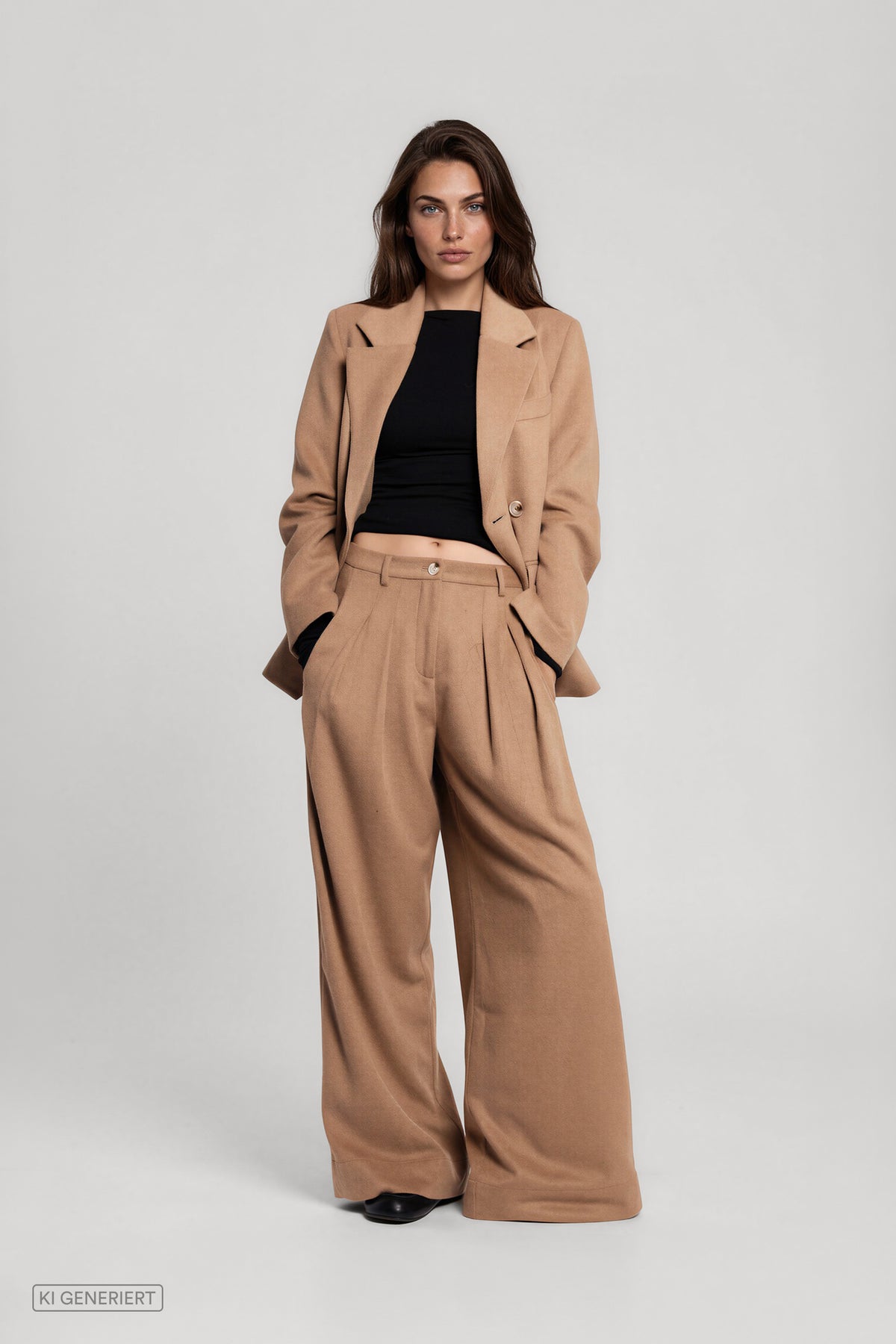 Vorderansicht eines Models in einem camelbraunen Hosenanzug mit tailliertem Blazer und weit geschnittener Bundfaltenhose, kombiniert mit einem schwarzen Oberteil.
