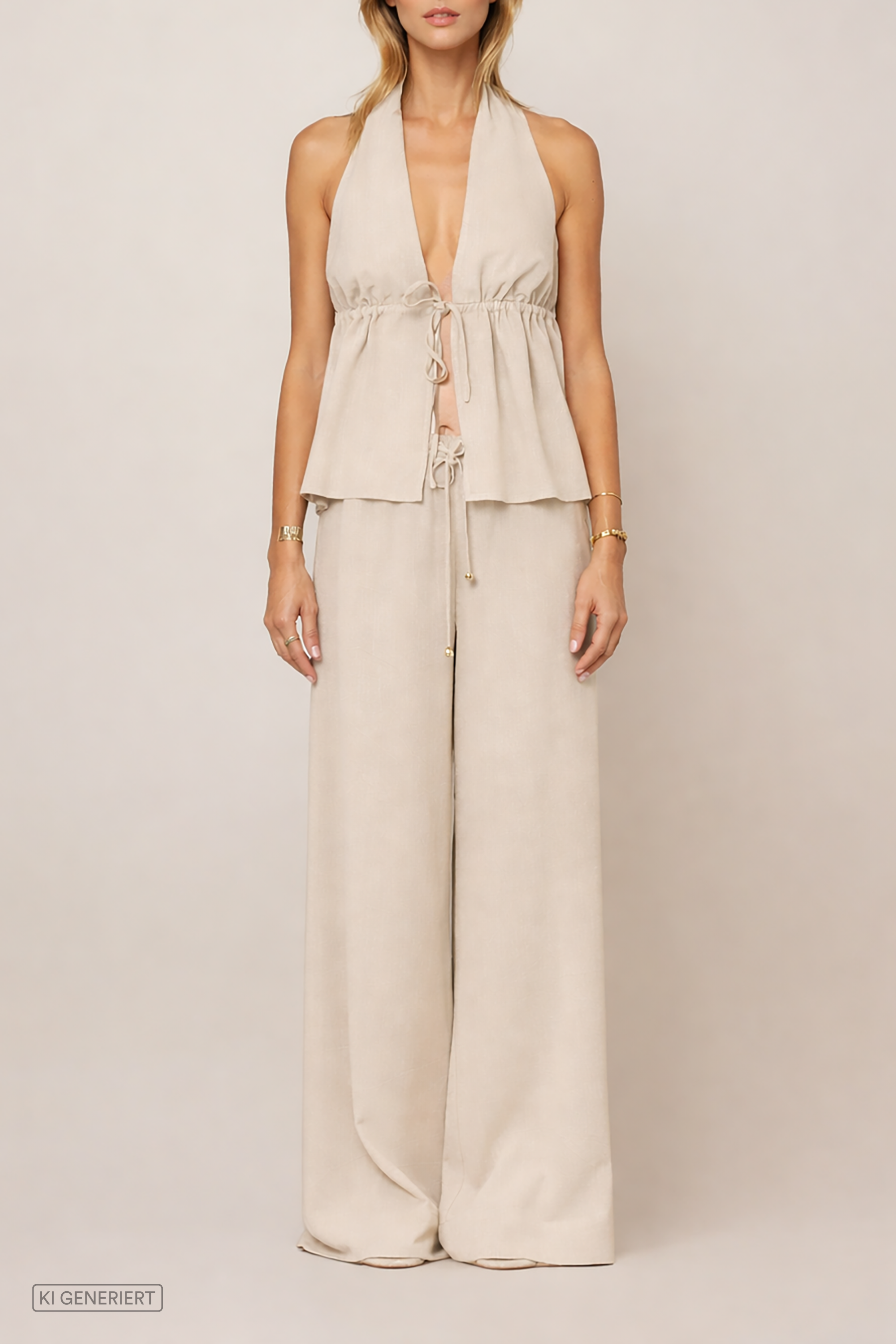 Beigefarbenes Halterneck-Top mit tiefem V-Ausschnitt und Tunnelzug unter der Brust, locker fallend, kombiniert mit weiter Hose im Lookbild.