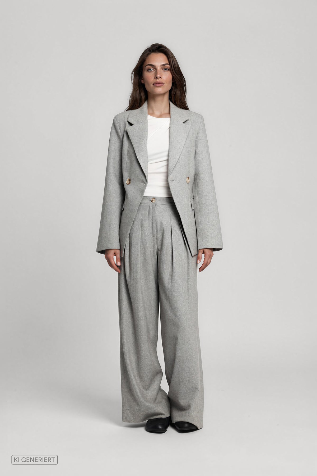 Model im zweireihigen DELIA Blazer Herringbone Grey mit weit geschnittener ADA Hose und weißem Top, Vorderansicht.