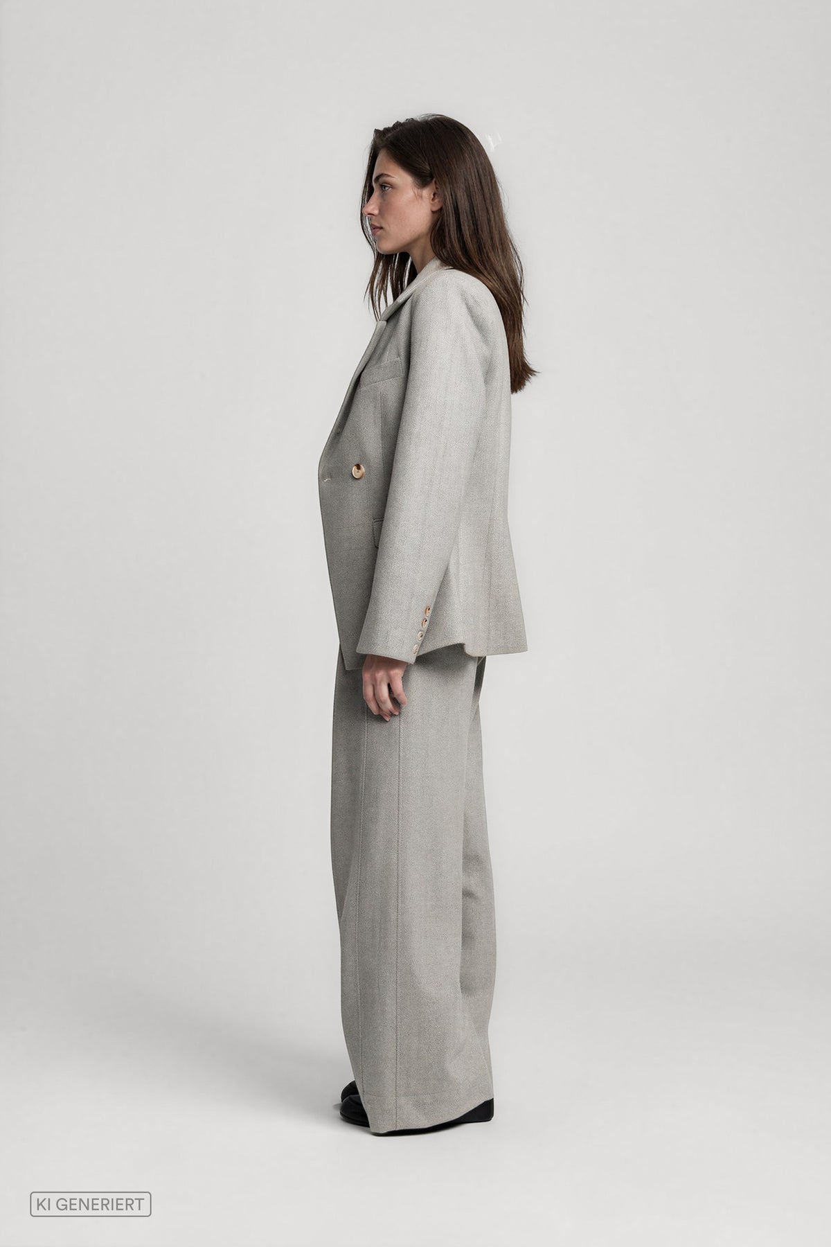 Seitenansicht des DELIA Blazer Herringbone Grey am Model, kombiniert mit der ADA Hose.