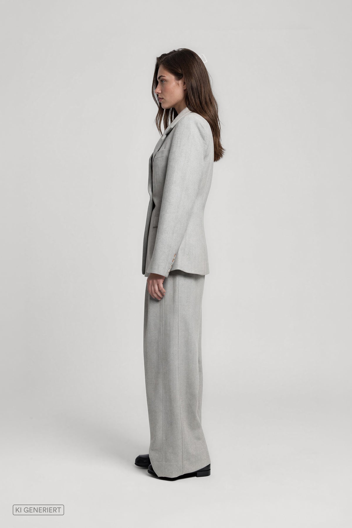 Model im DELIA Blazer Herringbone Grey mit ADA Hose, seitliche Ansicht des taillierten Schnitts.