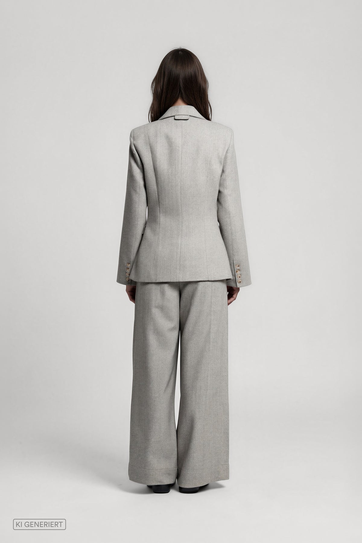 Rückansicht des DELIA Blazer Herringbone Grey mit Rückennaht, getragen mit der ADA Hose.