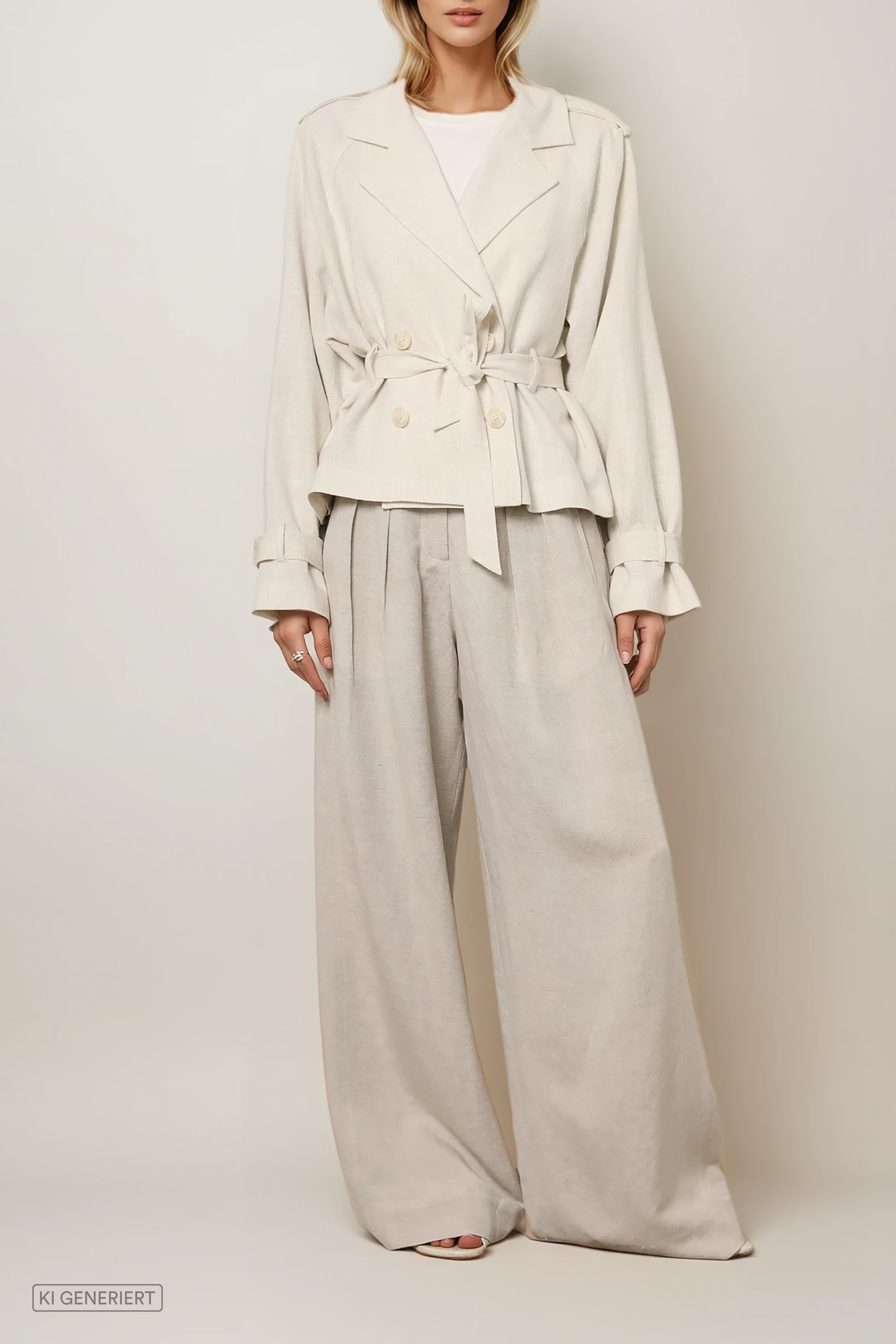 Model trägt eine kurze Trenchjacke mit Bindegürtel und Reverskragen in Off-White, kombiniert mit einer weit geschnittenen Hose in Beige.