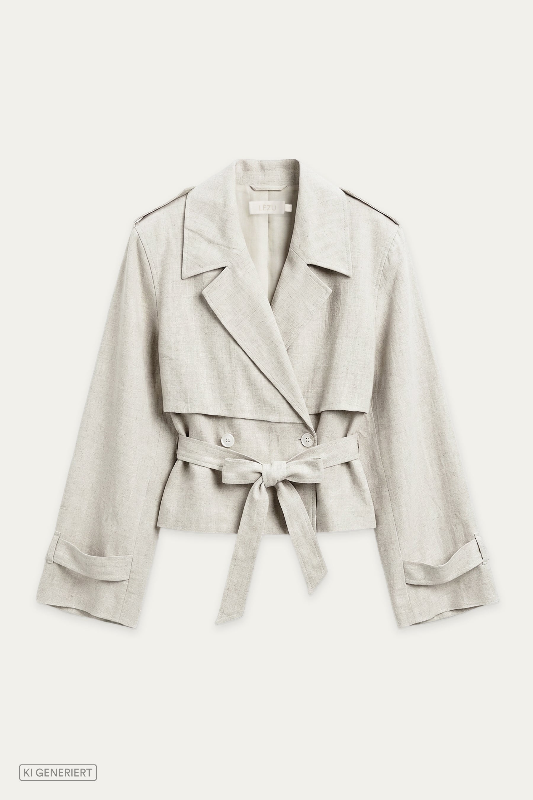 Kurze Trenchjacke in Off-White mit Reverskragen, doppelreihiger Knopfleiste und Bindegürtel auf Taillenhöhe.