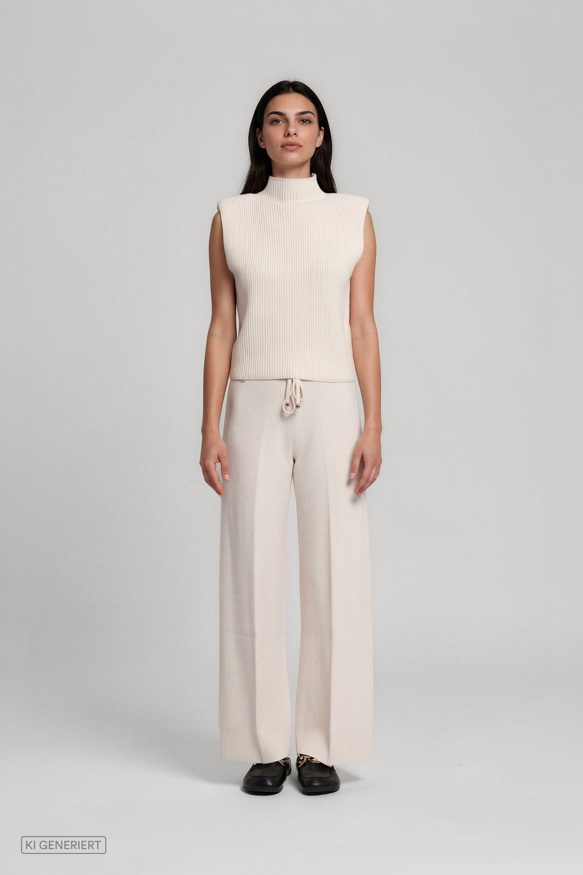 Vorderansicht eines Models in einem cremeweißen, ärmellosen Rippstricktop mit Stehkragen und einer passenden weit geschnittenen Strickhose mit Bindeband.
