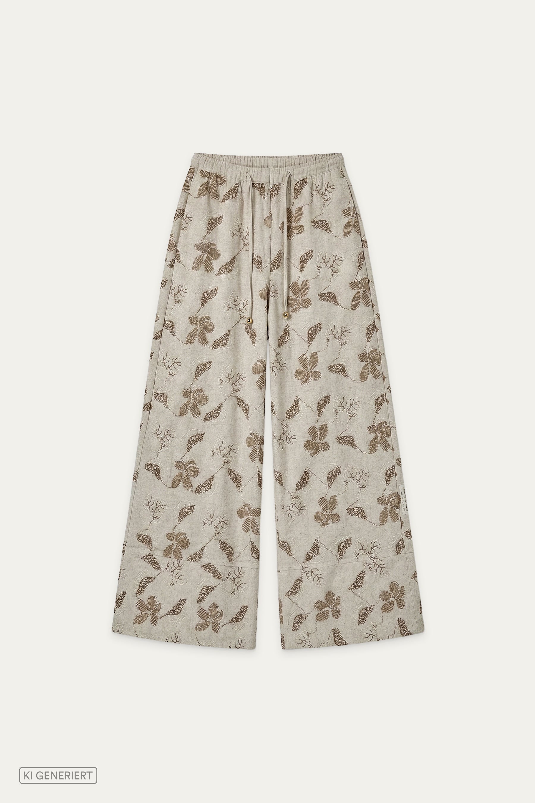 Beige Wide-Leg-Hose mit elastischem Bund und Kordelzug, kombiniert mit passendem Kurzarmhemd mit Kragen