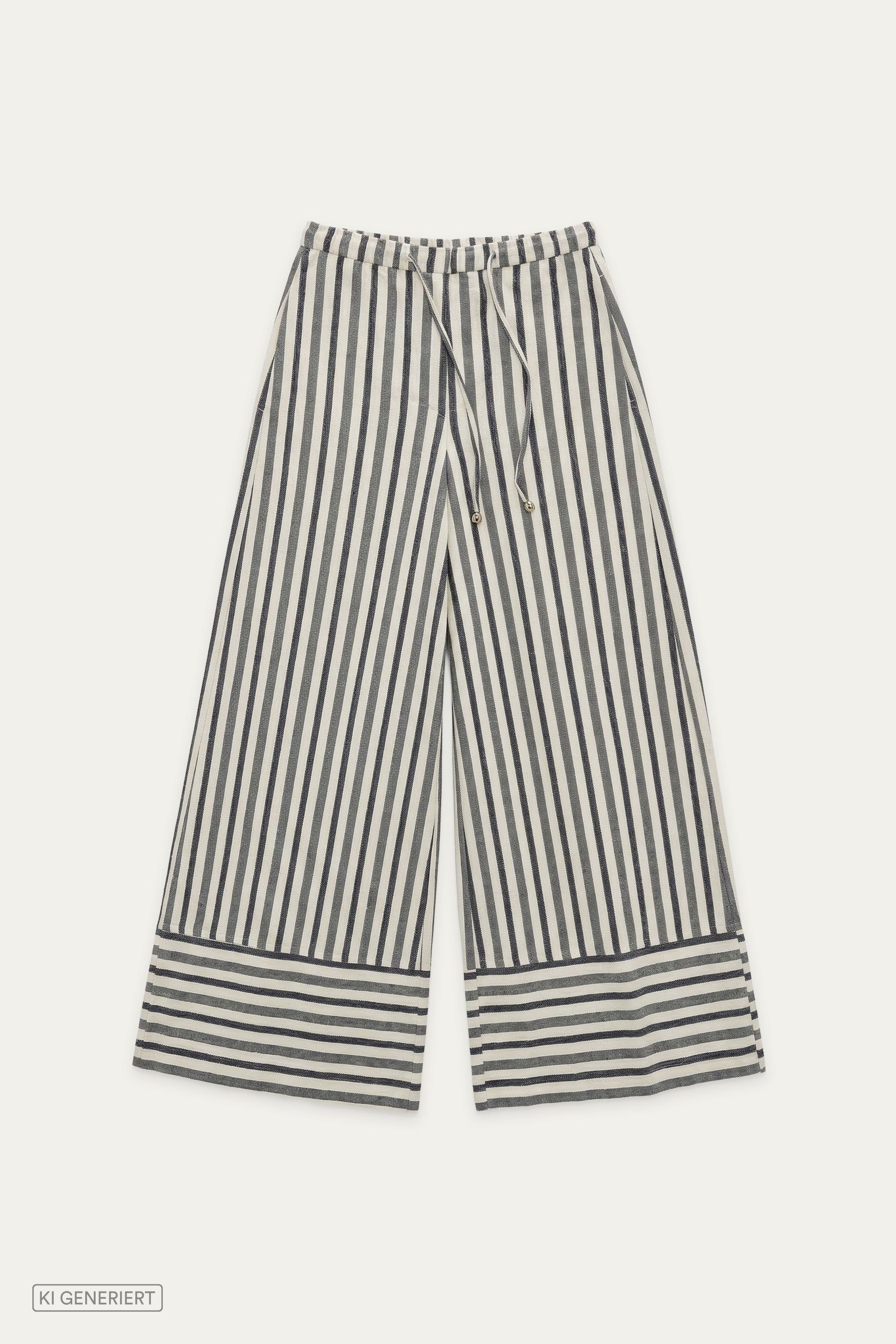 Gestreifte weite Hose in Beige und Dunkelgrau mit elastischem Bund und Kordelzug, geradem Bein und breitem Saumabschluss.