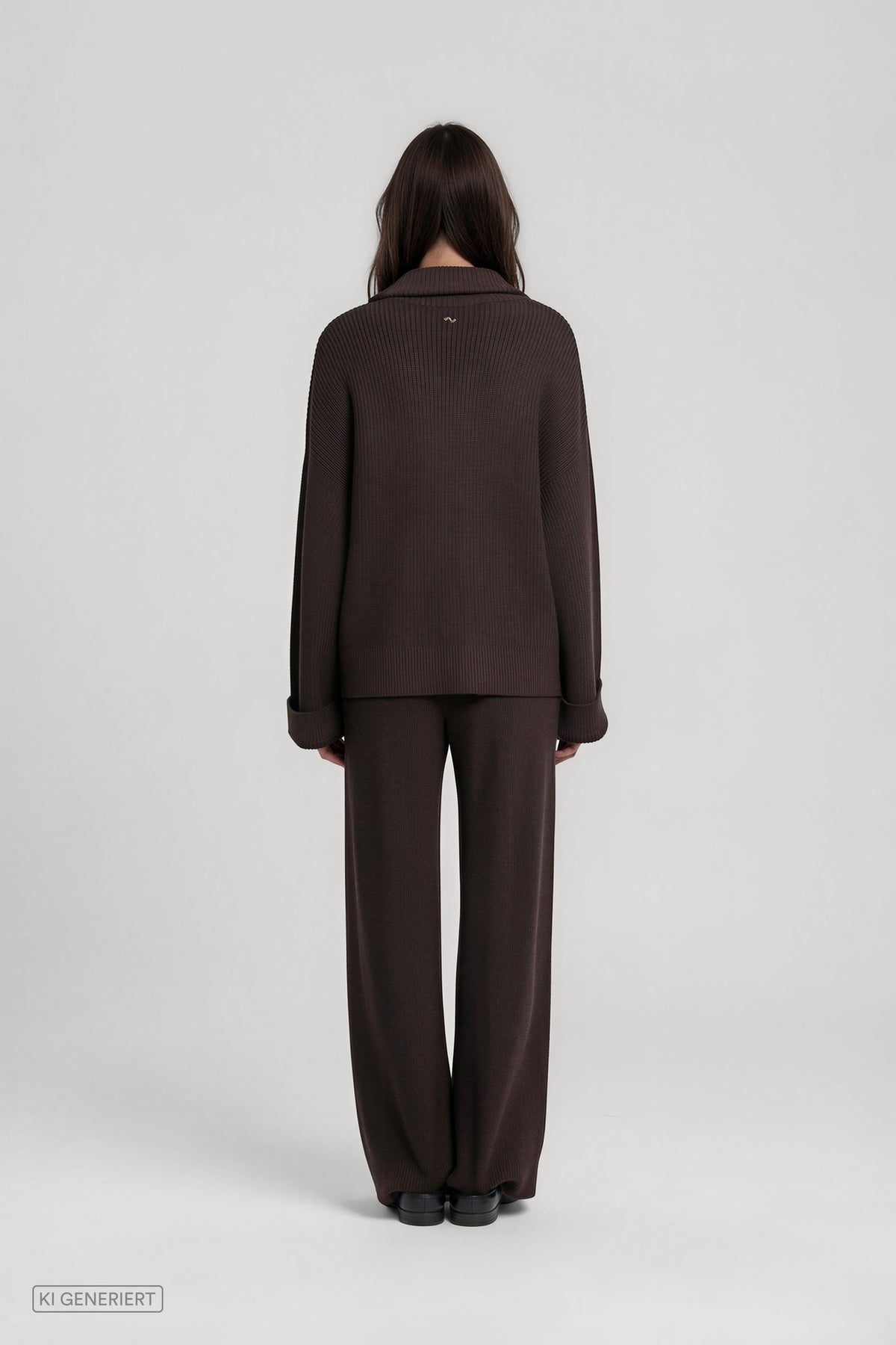 Rückansicht eines Models in einer dunkelbraunen, gerippten Strickjacke mit Kragen und weiten Ärmeln, kombiniert mit einer passenden dunkelbraunen Hose mit weitem Bein.