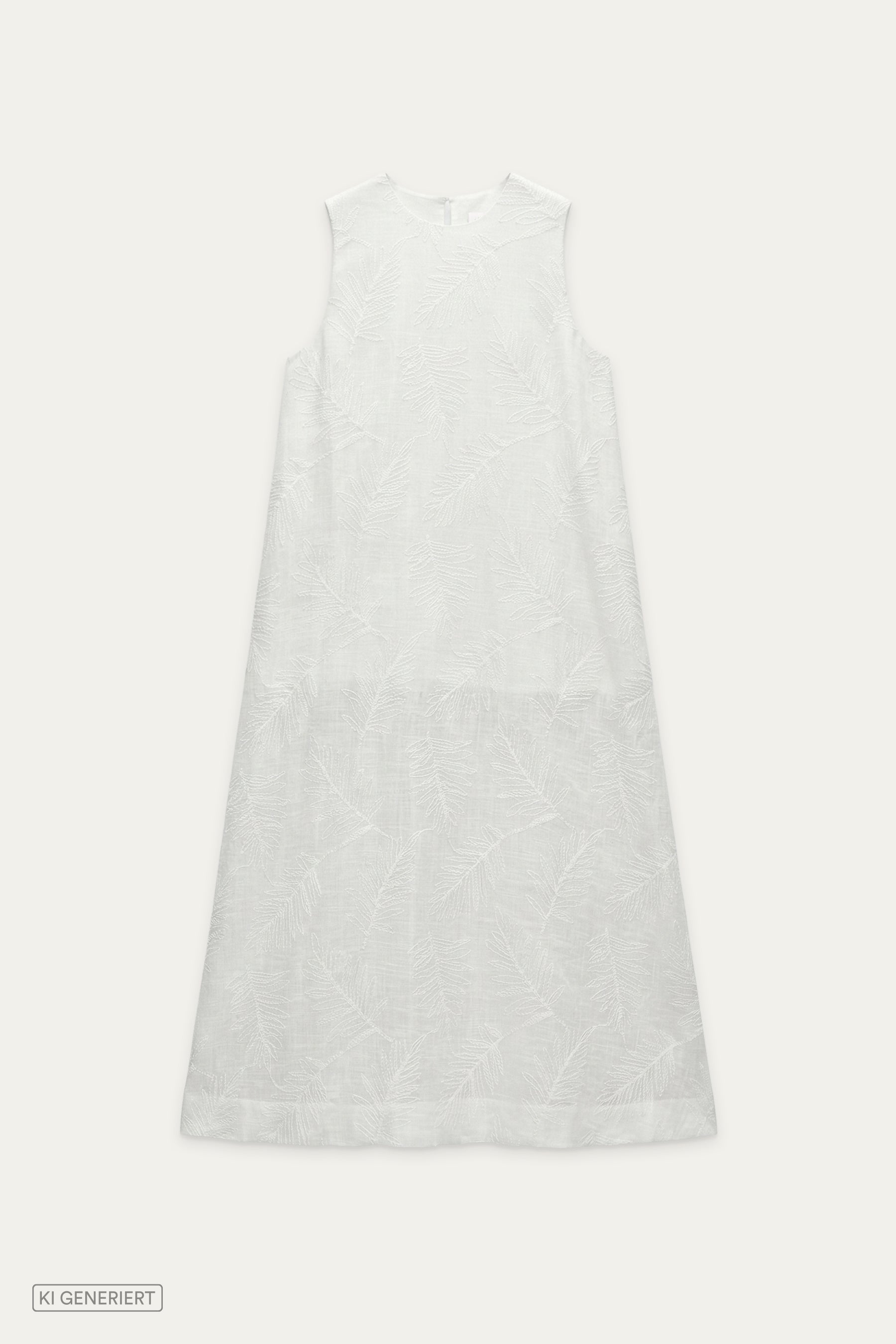 Ärmelloses Maxikleid in Offwhite mit eingewebtem Blattmuster und locker fallender A-Linie