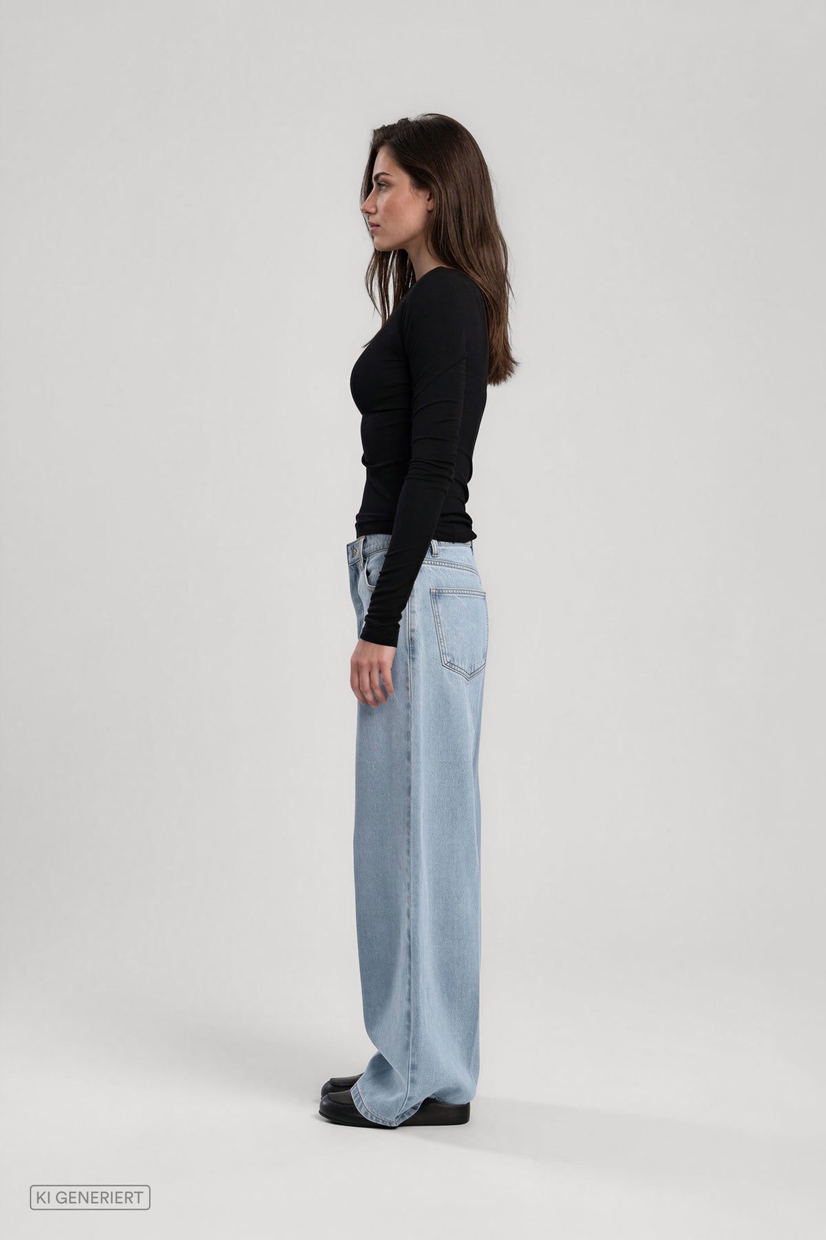 Seitenansicht eines Models in einem schwarzen, figurbetonten Langarmshirt und einer hellblauen Jeans mit weitem Bein.