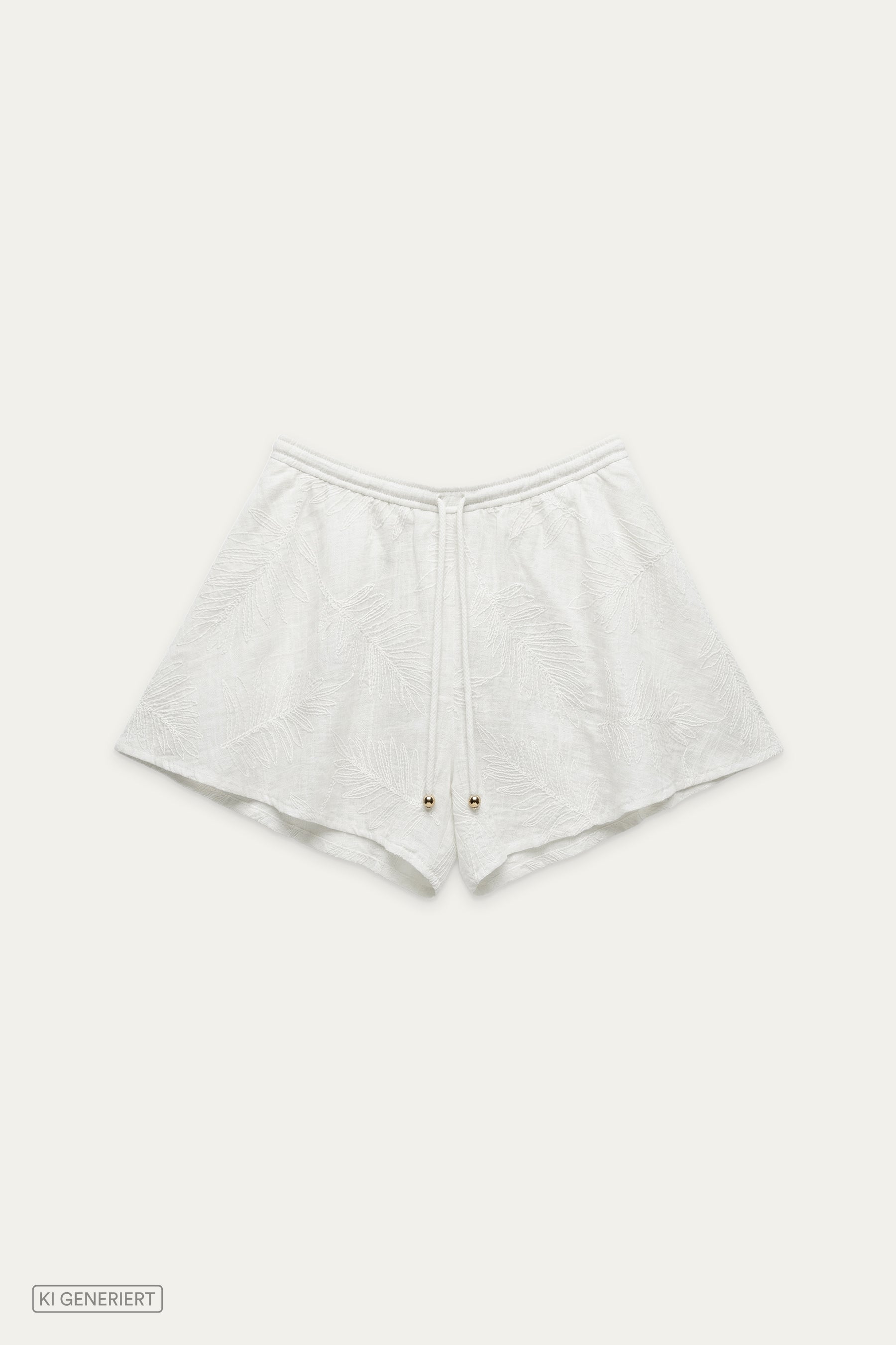 Shorts in Off-White mit elastischem Bund, Kordelzug und eingewebtem Blattmuster, flach liegend