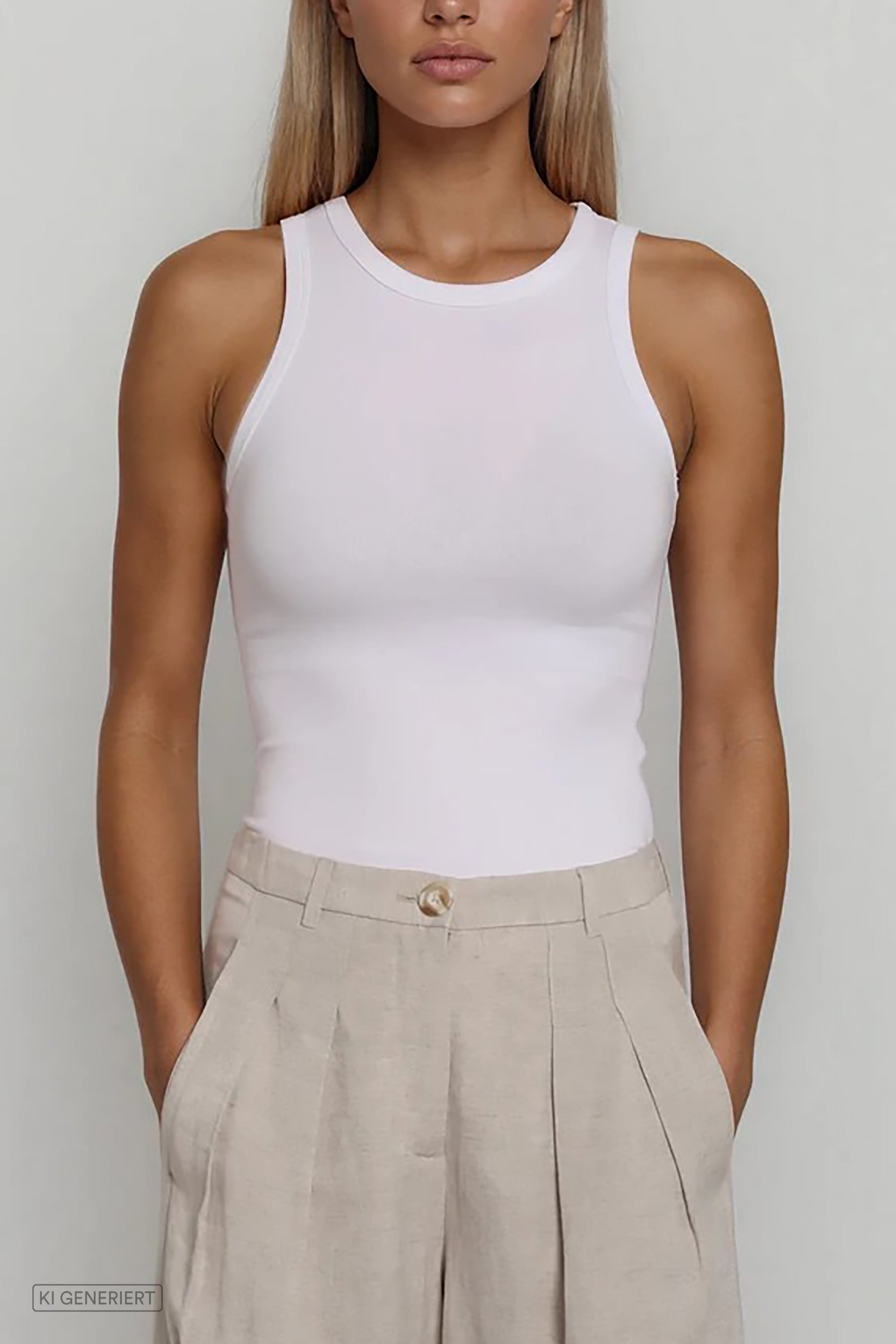 Weißes ärmelloses Tanktop mit Rundhalsausschnitt und körpernaher Passform