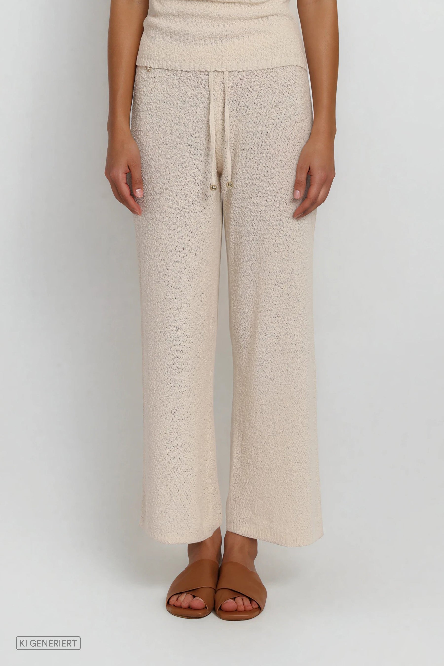 Detailansicht der Strickhose mit Tunnelzugbund und feiner Bouclé-Struktur