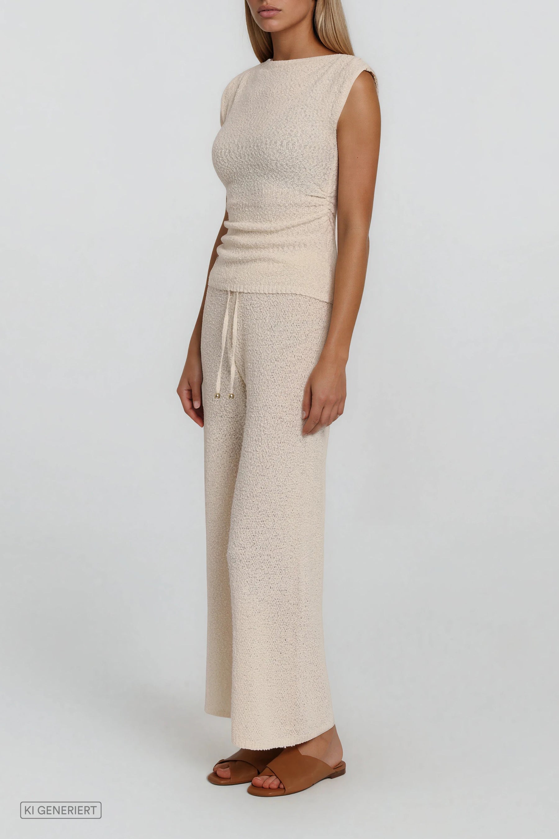 Asymmetrisch getragenes Stricktop in Beige mit freier Schulter und körpernahem Sitz