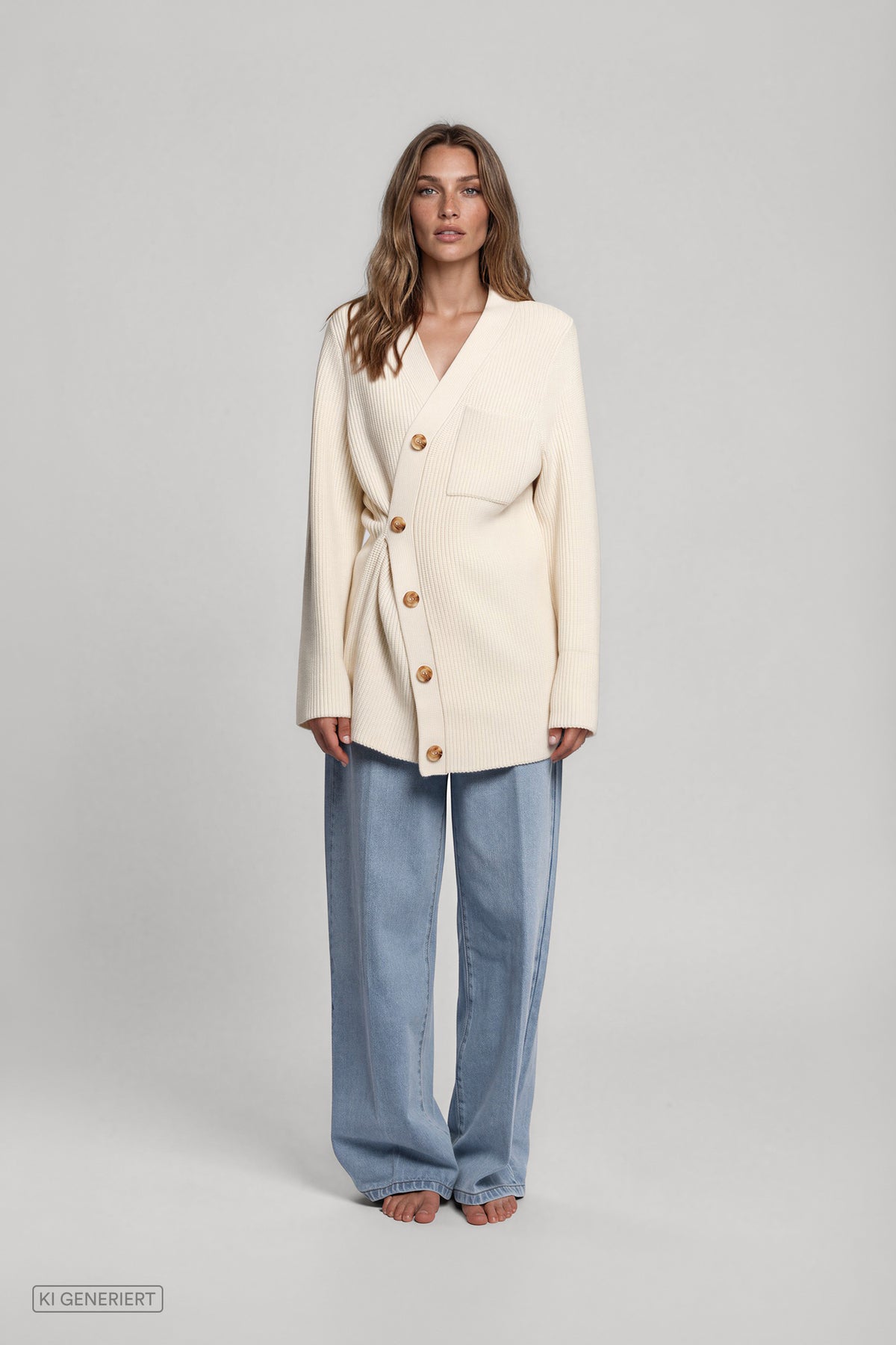 Frontalansicht eines Models in einem cremeweißen, gerippten Longcardigan mit V-Ausschnitt, Knopfleiste und seitlicher Raffung, kombiniert mit einer hellblauen, weit geschnittenen Jeans.