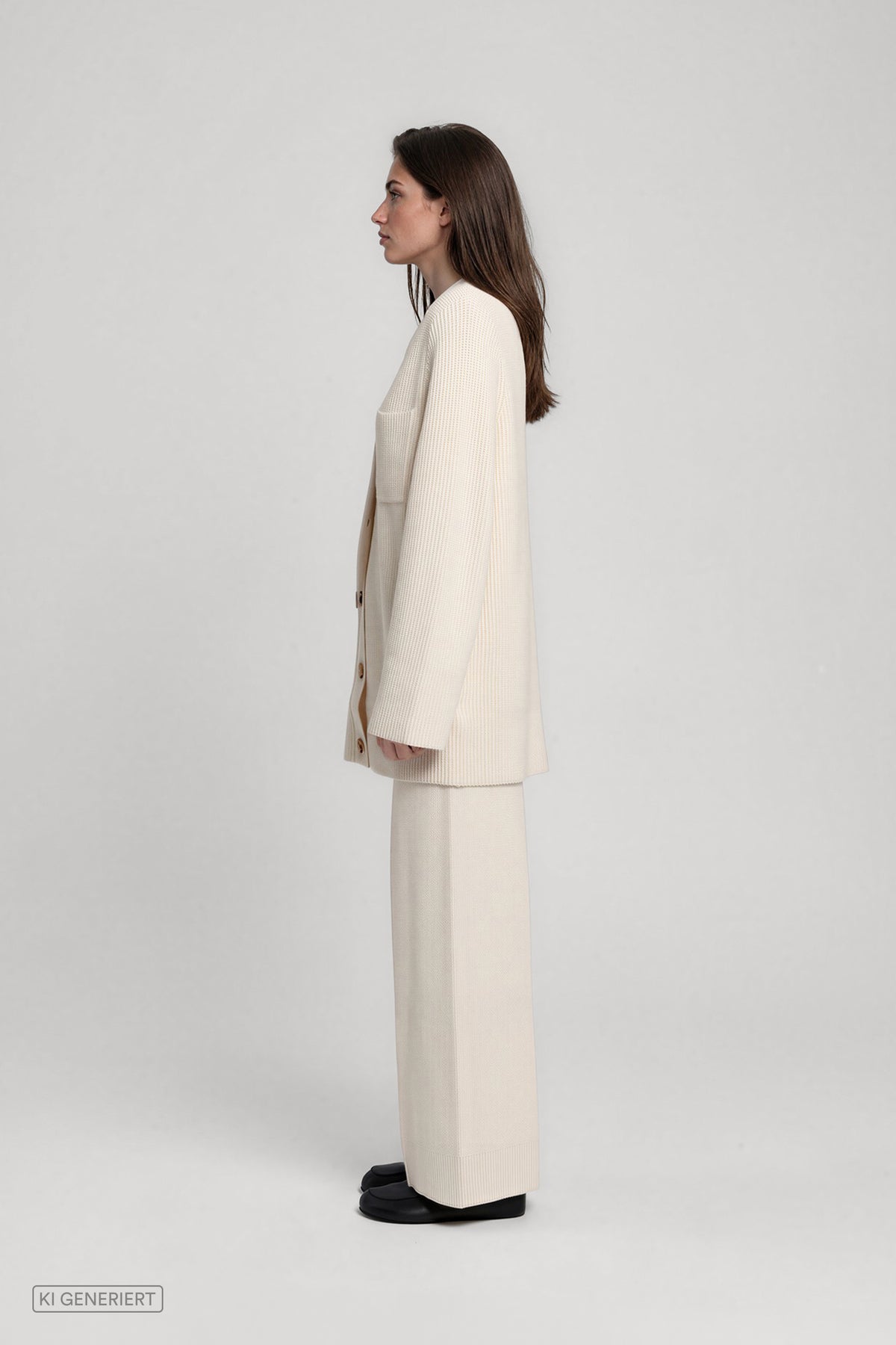 Seitenansicht eines Models in einem cremeweißen, gerippten Longcardigan mit Knopfleiste und Brusttasche, kombiniert mit einer cremeweißen, weit geschnittenen Hose.