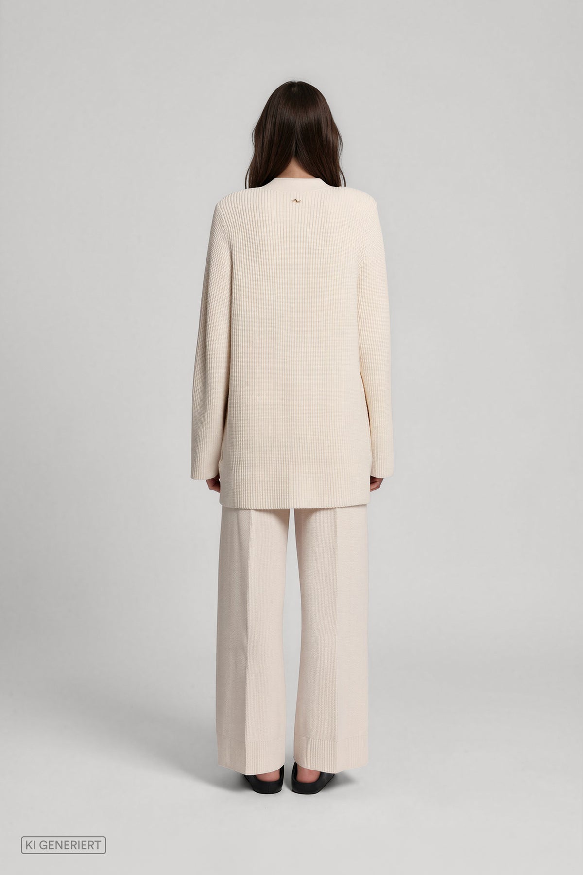 Rückansicht eines Models in einem cremeweißen, gerippten Longcardigan mit langen Ärmeln, kombiniert mit einer cremeweißen, weit geschnittenen Hose.