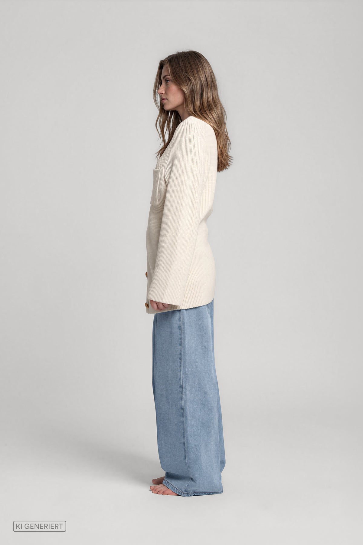Seitenansicht eines Models in einem cremeweißen, gerippten Longcardigan mit langen Ärmeln, kombiniert mit einer hellblauen, weit geschnittenen Jeans.