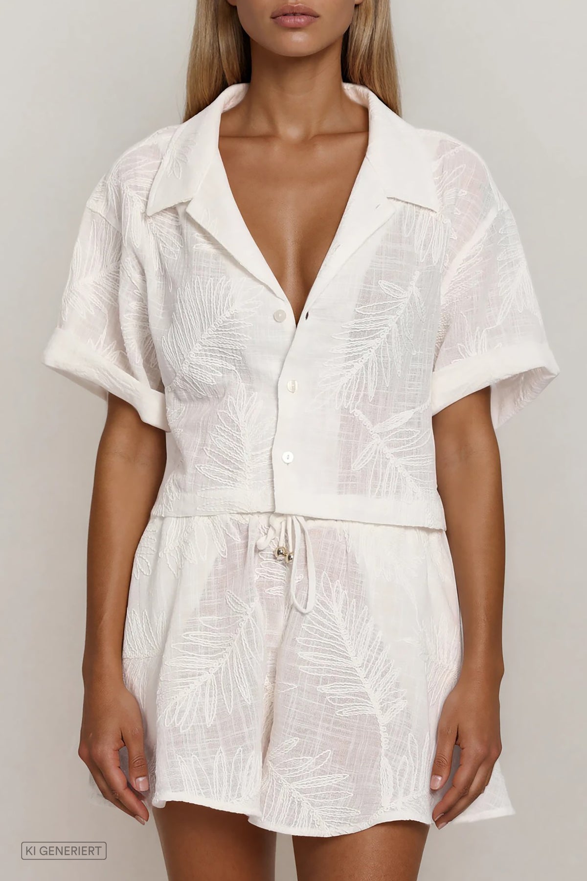 Off-White Bluse mit Reverskragen und Knöpfen, leicht transparente Struktur mit Blattmuster, Detailansicht am Model