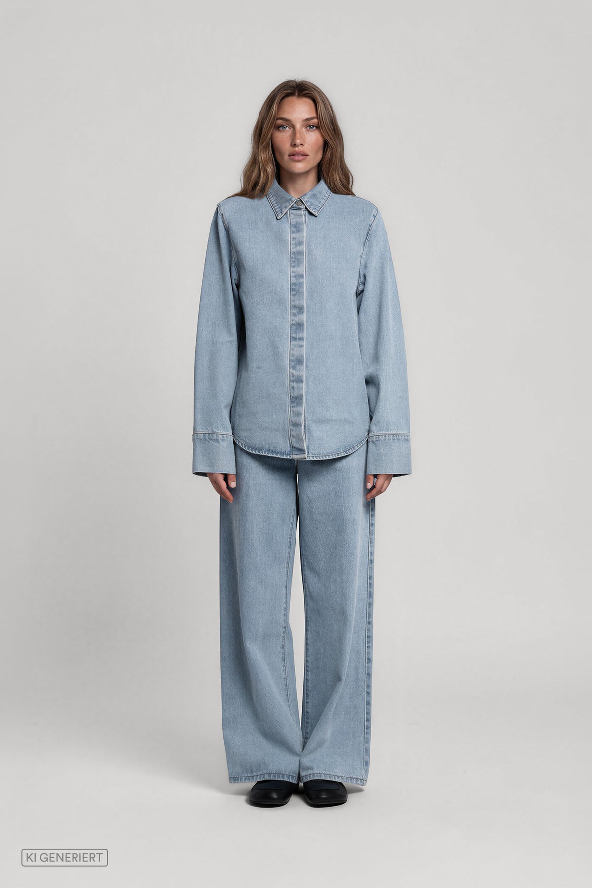Frontalansicht eines Models in einem hellblauen Denim-Outfit aus langärmligem Jeanshemd mit Hemdkragen und verdeckter Knopfleiste sowie weit geschnittener Jeanshose.