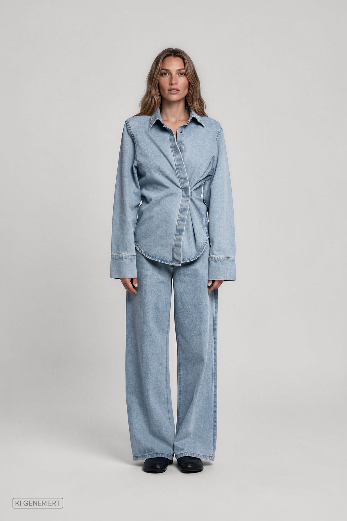 Frontalansicht eines Models in einem hellblauen Denim-Outfit aus tailliertem Jeanshemd mit asymmetrischer Knopfleiste und weit geschnittener Jeanshose.