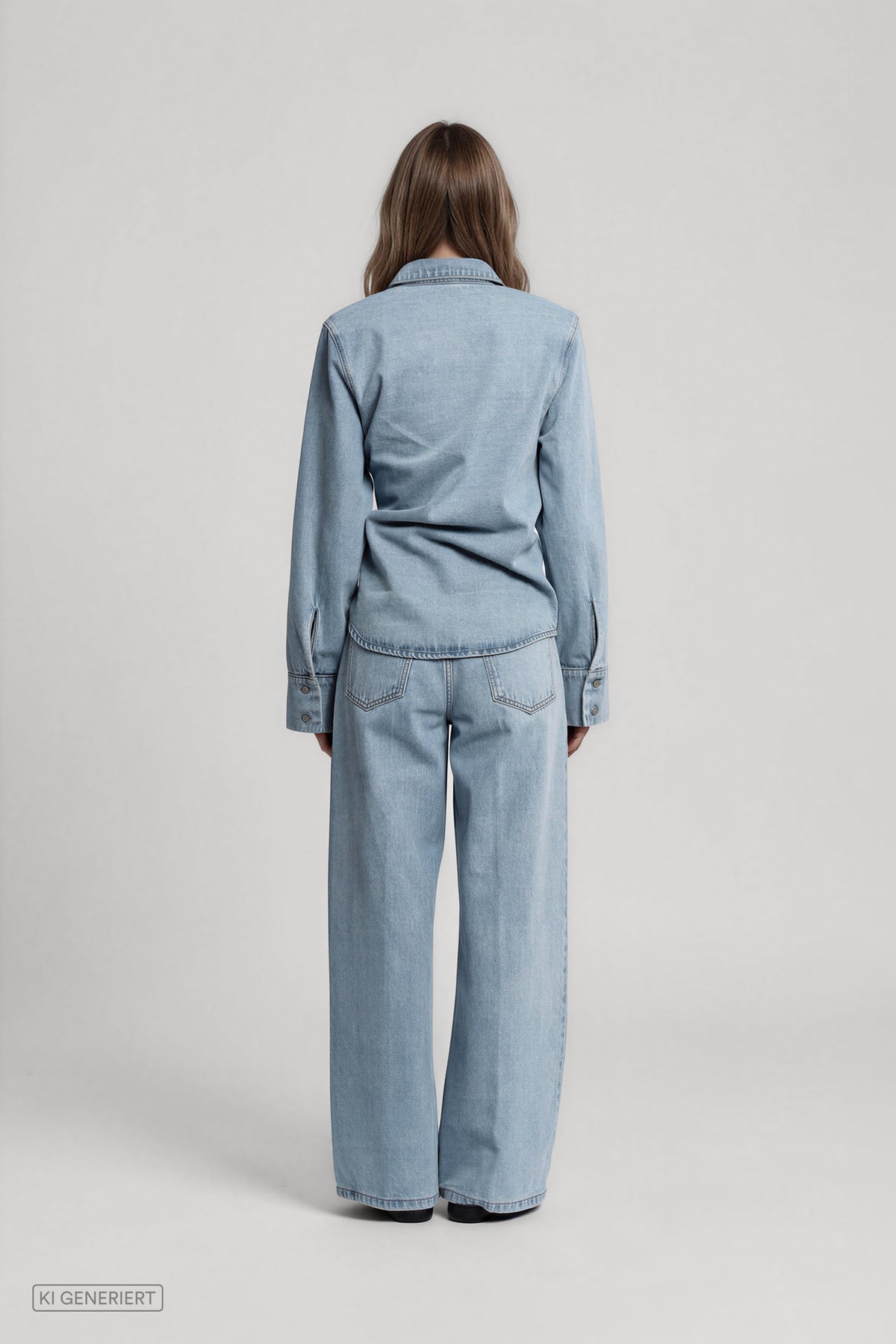 Rückansicht eines Models in einem hellblauen Denim-Outfit aus langärmligem Jeanshemd und weit geschnittener Jeanshose.