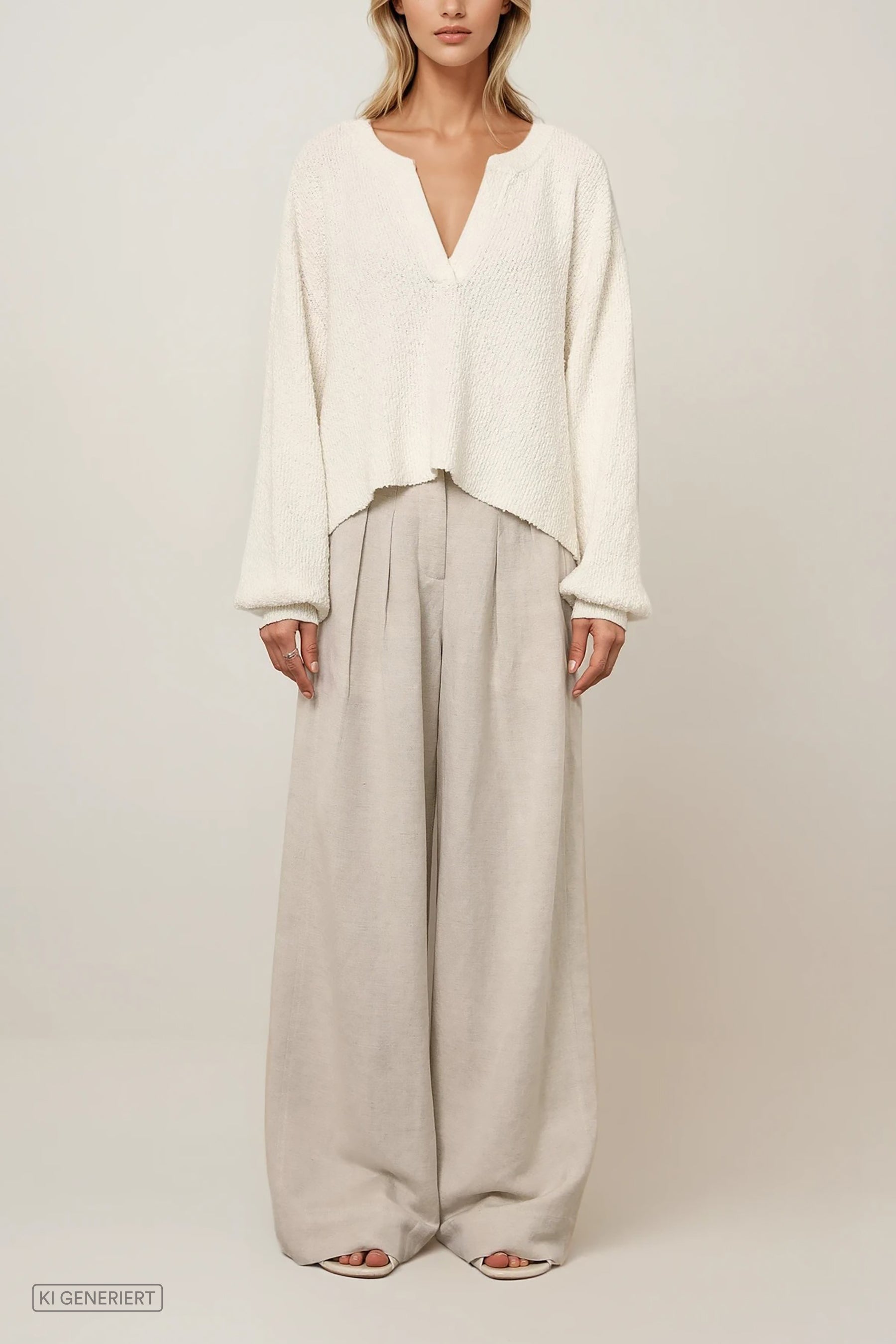 Off-White Strickpullover mit V-Ausschnitt und strukturierter Oberfläche, locker geschnitten mit langen Ärmeln, kombiniert mit weiter, beigefarbener Hose im Lookbild sowie als Einzelansicht vor hellem Hintergrund.