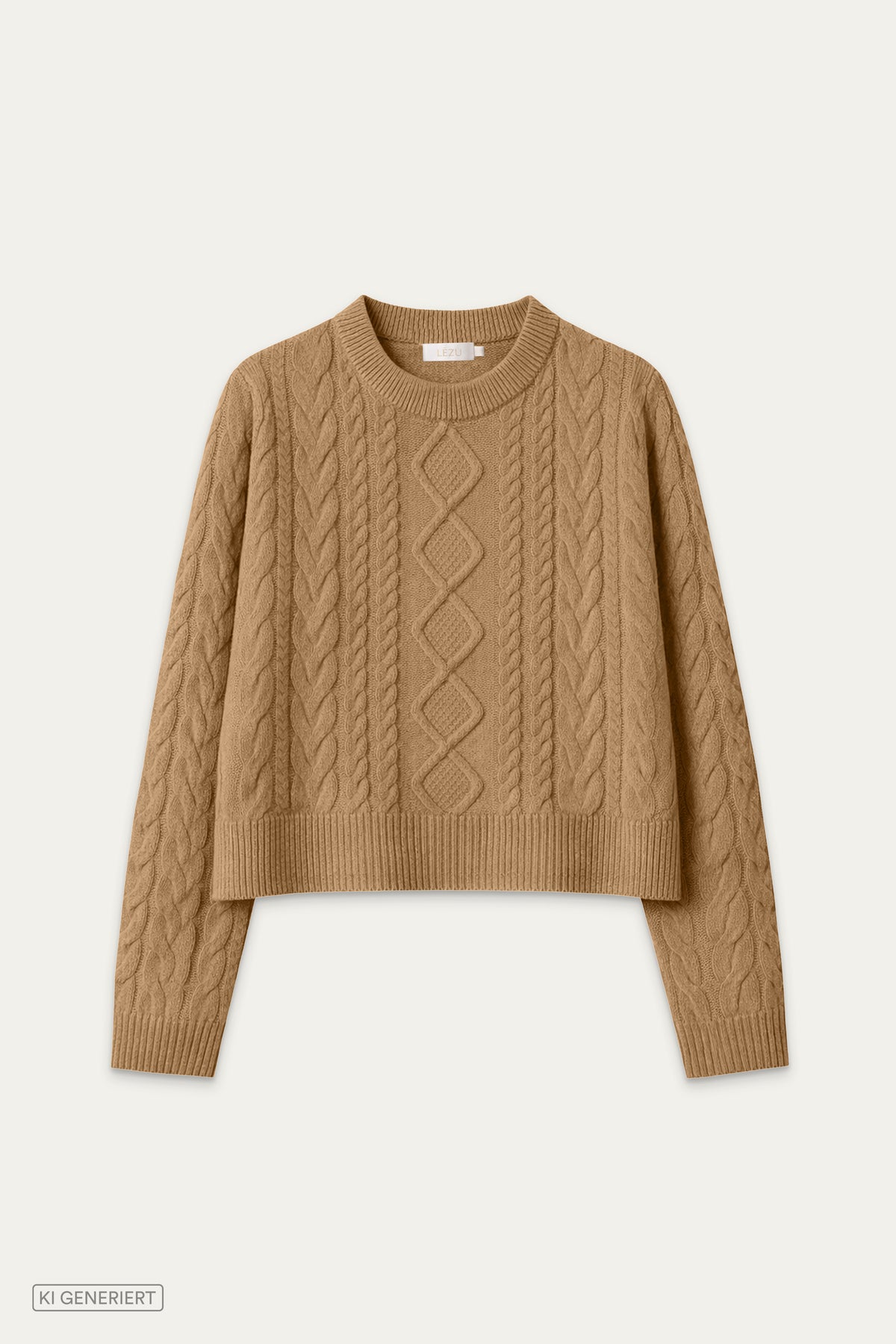 Camelbrauner Strickpullover mit Zopfmuster, Rundhalsausschnitt und langen Ärmeln in Vorderansicht.