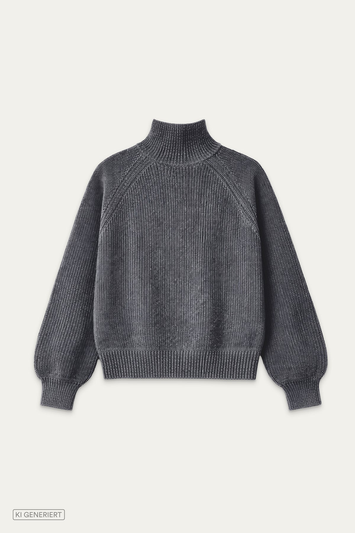 Dunkelgrauer Strickpullover mit Rollkragen, Raglanärmeln und breiten Rippbündchen in Vorderansicht.