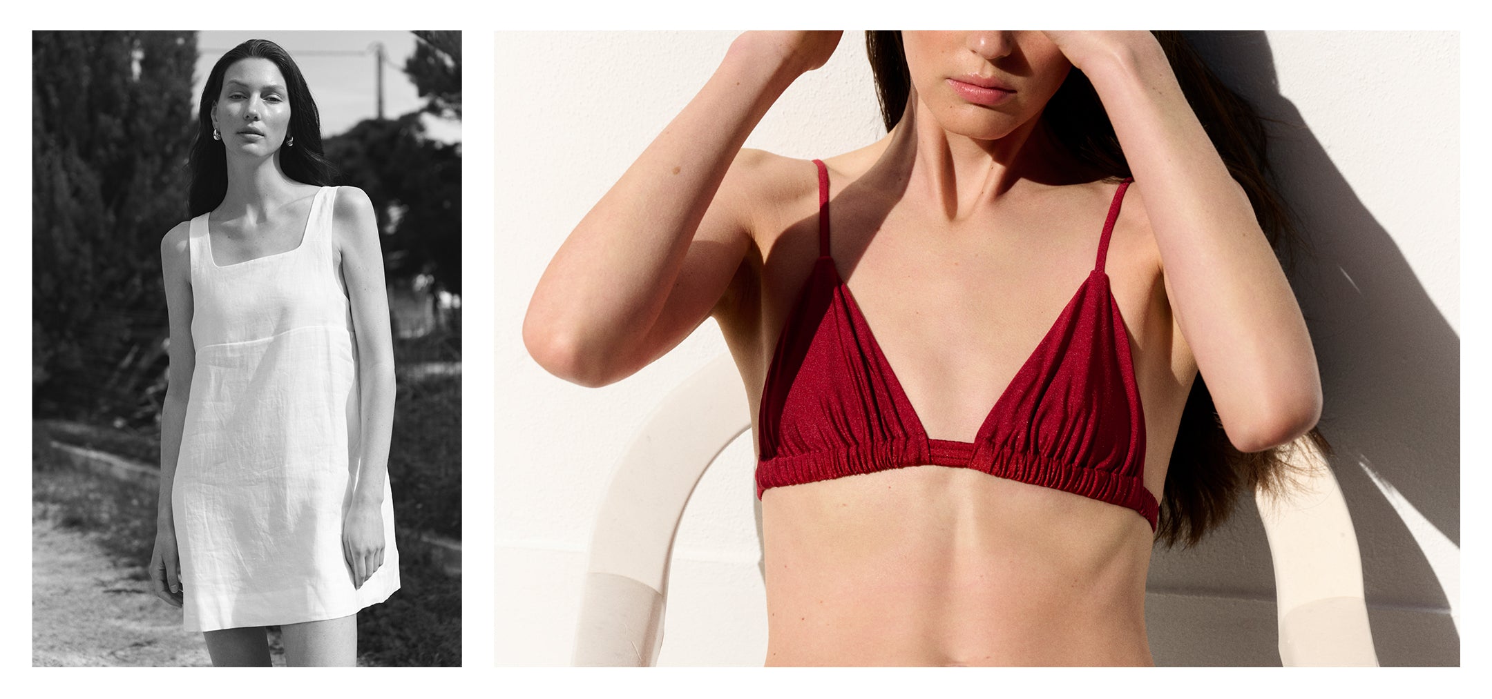 Frau in Leinenkleid im Schwarzweißporträt, daneben Detailaufnahme eines roten Bikinioberteils in der Sonne.