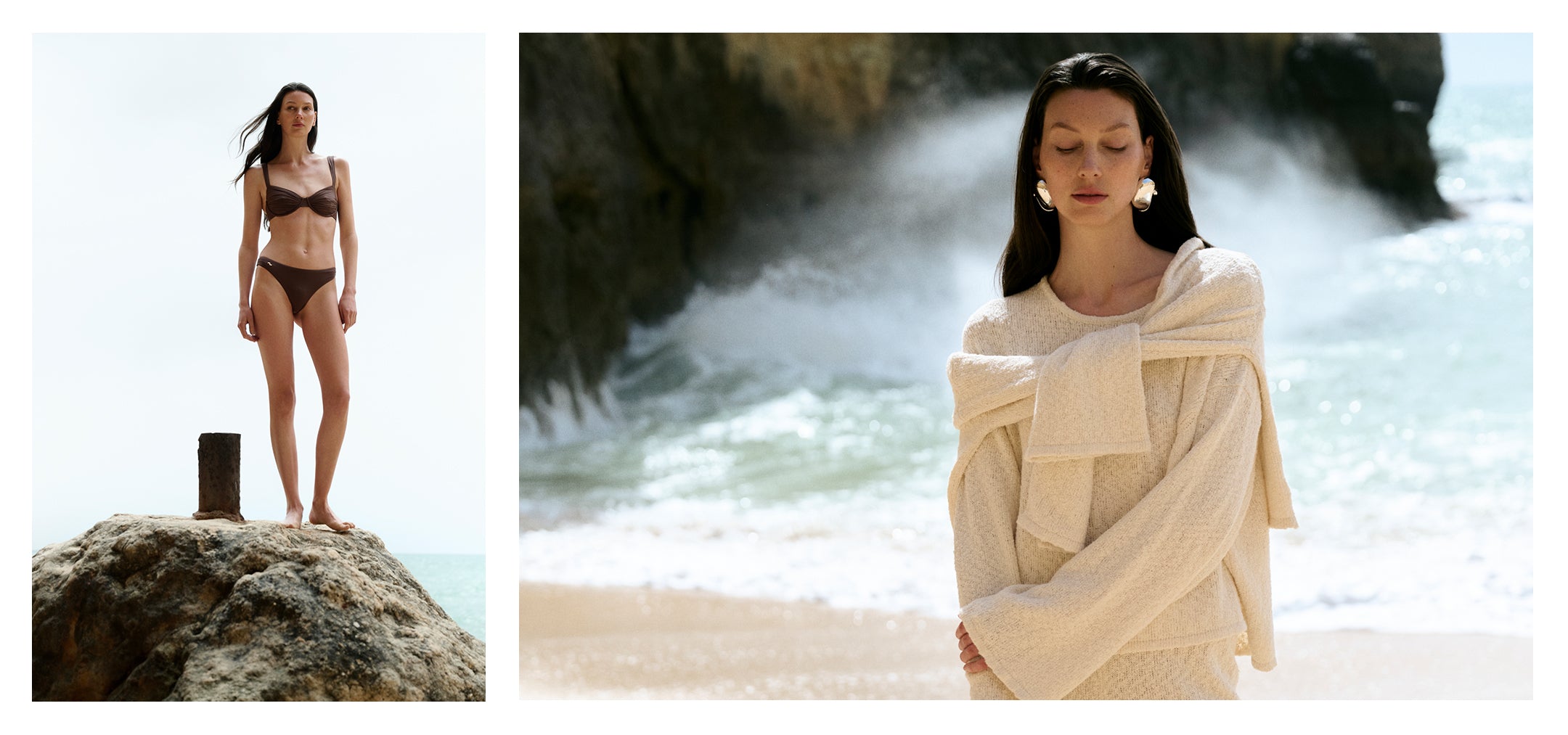 Frau im Bikini auf Felsen am Meer, daneben in cremefarbenem Strick-Look mit geschlossenen Augen am Strand.