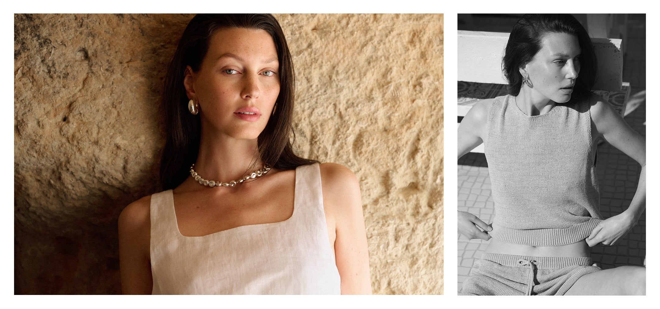 Frau in minimalistischer Sommermode – einmal vor Steinwand, einmal entspannt sitzend in Stricktop und Shorts.