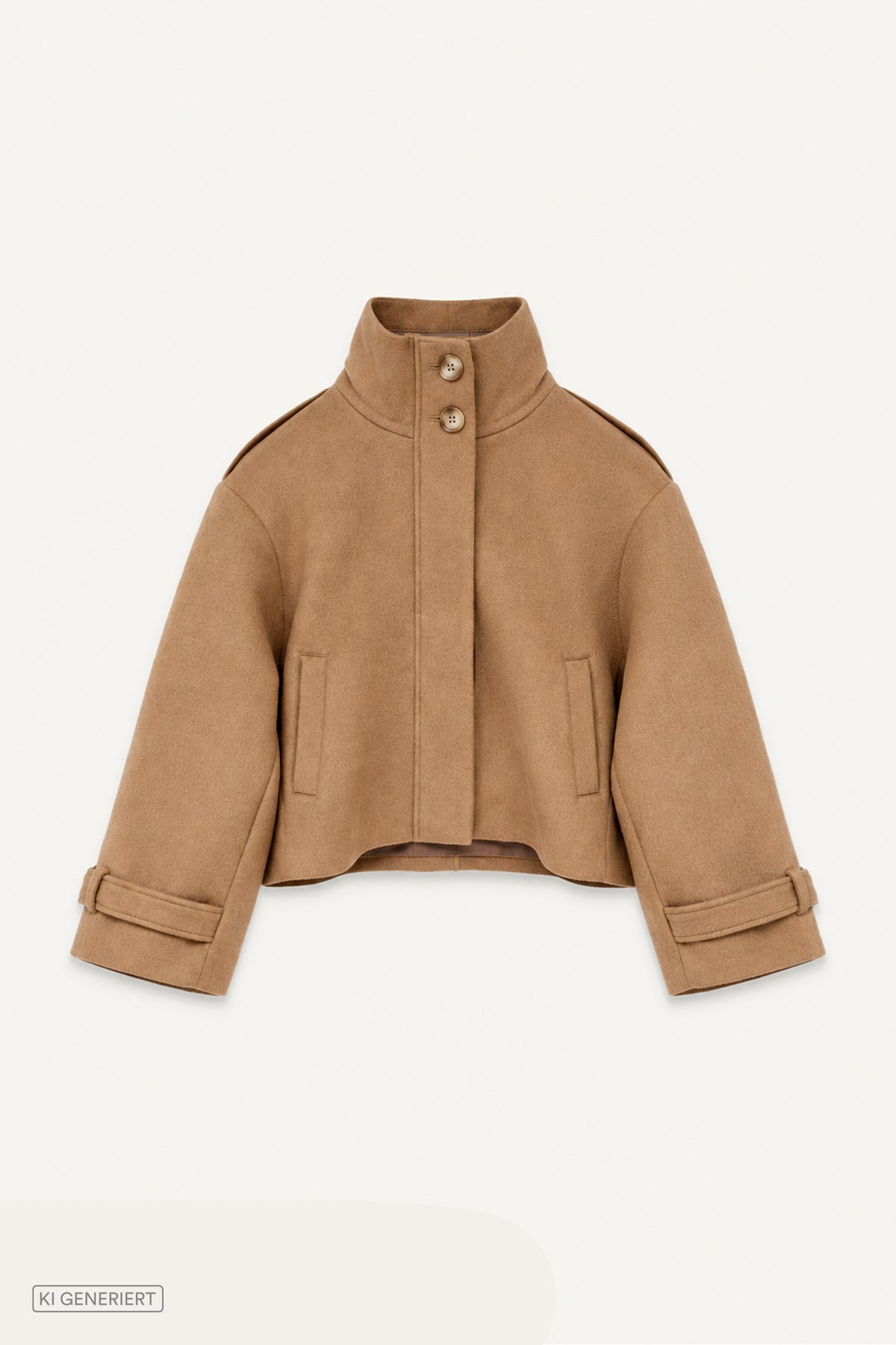 Camelbraune kurze Damenjacke mit Stehkragen, verdeckter Knopfleiste, Eingrifftaschen und weiten Ärmeln in Vorderansicht.