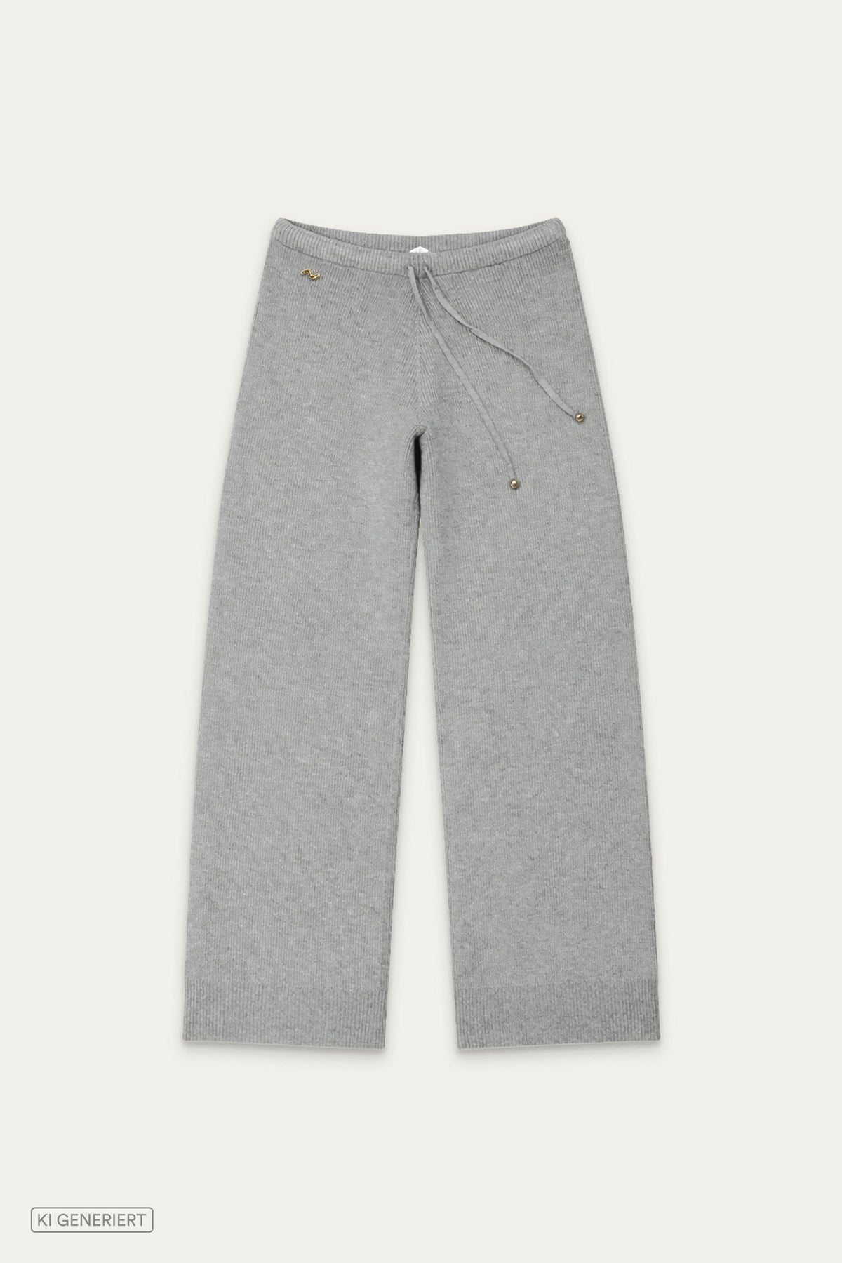 Hellgrau melierte Rippstrickhose mit weitem Bein und elastischem Bund mit Kordelzug in Vorderansicht.