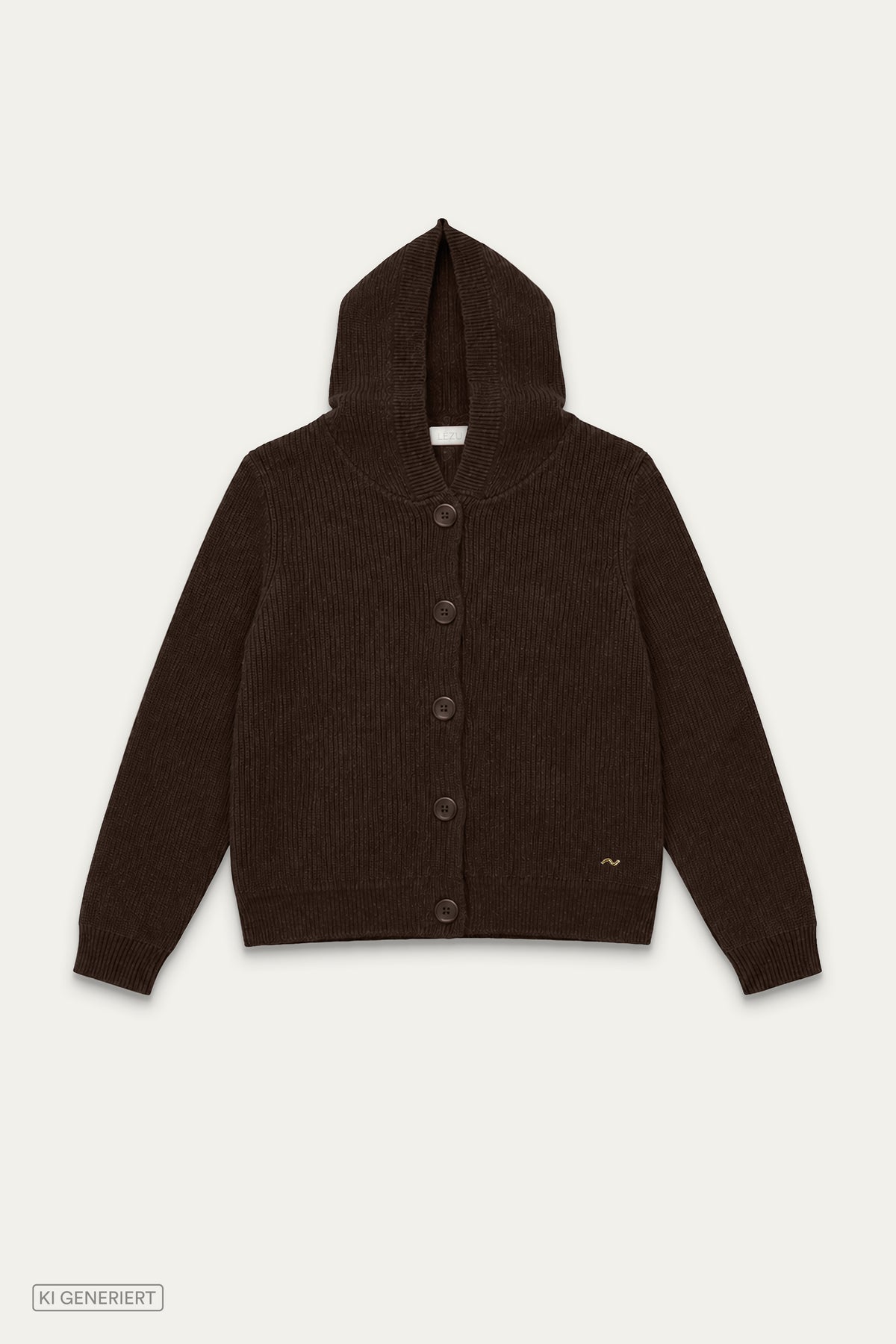 Dunkelbraune Strickjacke mit Kapuze, Knopfleiste und langen Ärmeln in Vorderansicht.