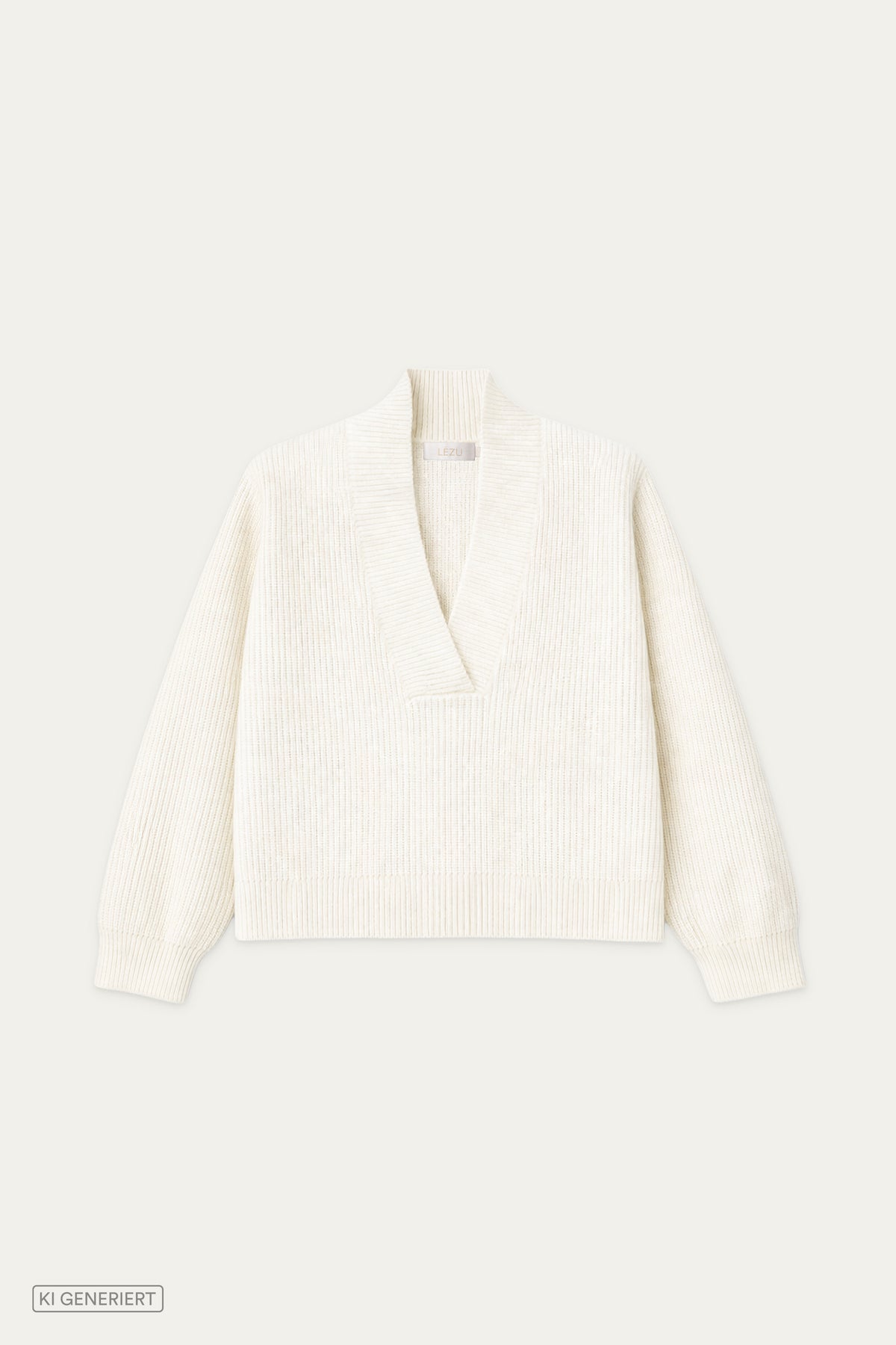Cremeweißer Strickpullover mit tiefem V-Ausschnitt, breitem Kragen und langen Ärmeln in Vorderansicht.