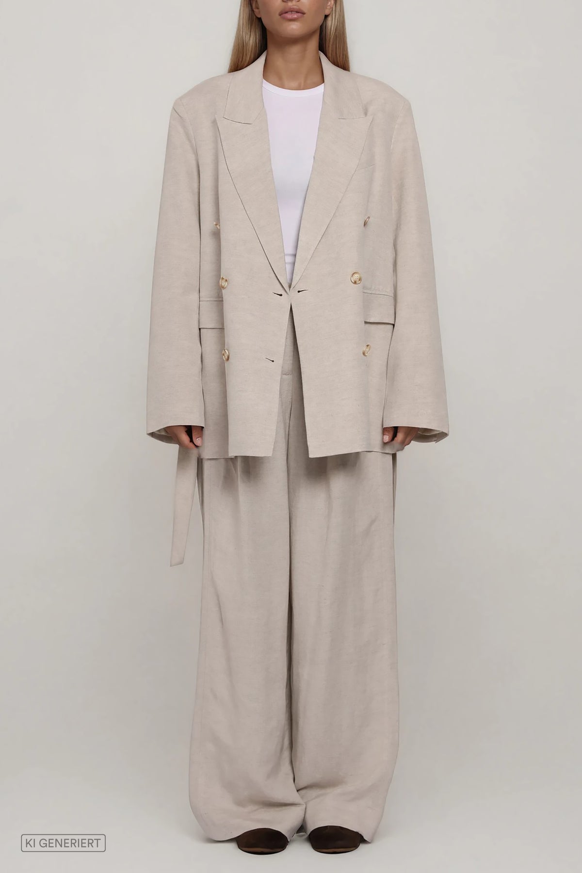 Beiger doppelreihiger Blazer mit Reverskragen und Knopfleiste, gerade Passform, kombiniert mit weiter Hose, Ganzkörperansicht