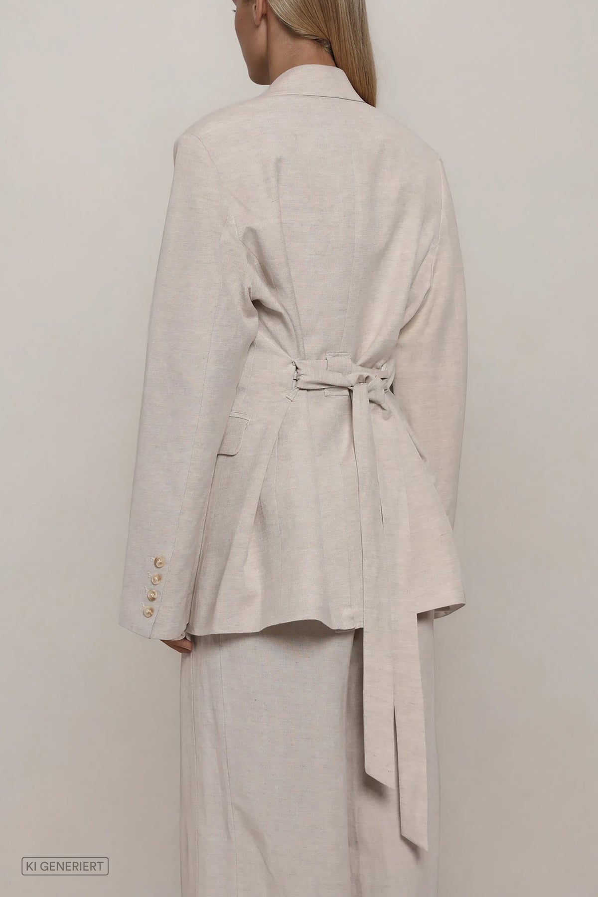 Beiger Blazer mit Taillengürtel und Schößchen, lange Ärmel mit Knopfdetails, Rückansicht