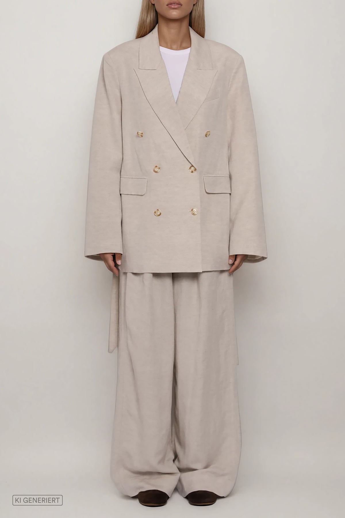 Beiger doppelreihiger Blazer mit Reverskragen und Knopfleiste, gerade Passform, kombiniert mit weiter Hose, Ganzkörperansicht