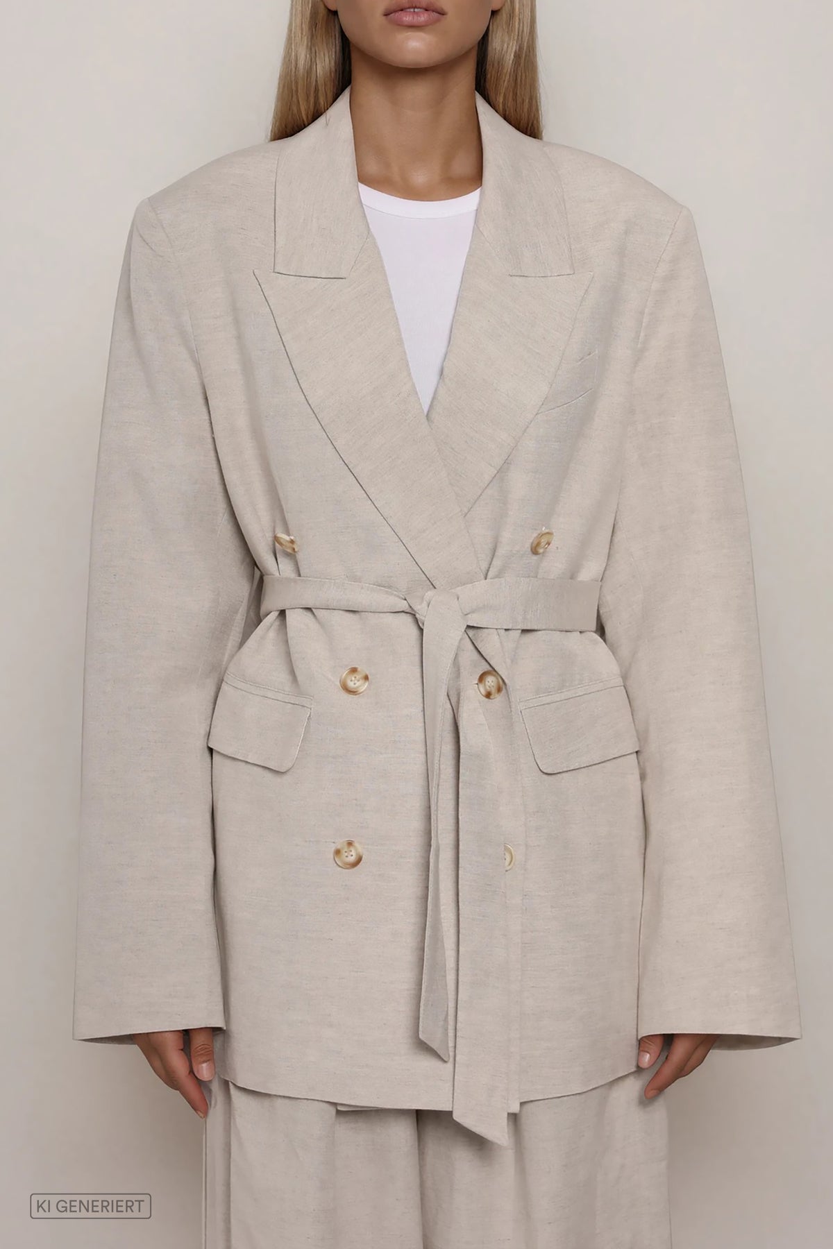 Beiger doppelreihiger Blazer mit Taillengürtel und Reverskragen, Knopfleiste, leicht taillierte Silhouette, Frontansicht
