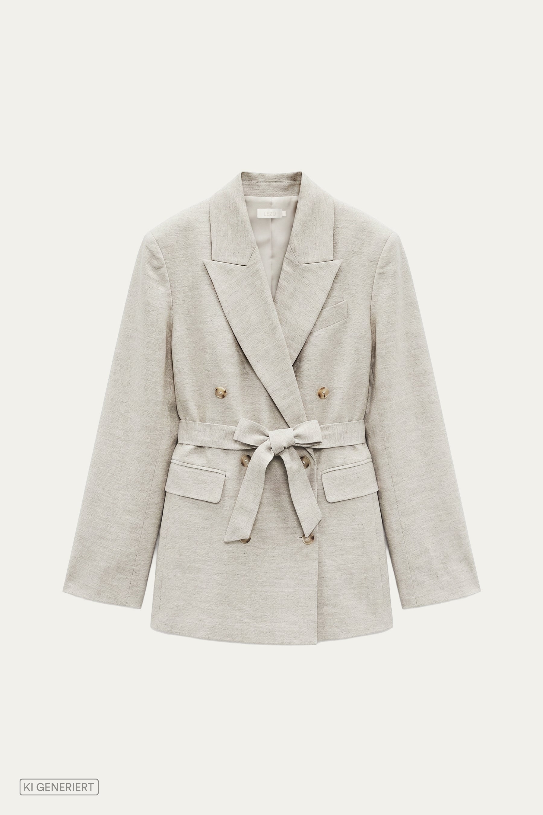 Doppelreihiger Blazer in Warmgrau mit Reverskragen, Bindegürtel in der Taille und aufgesetzten Taschen, leicht strukturierter Stoff.