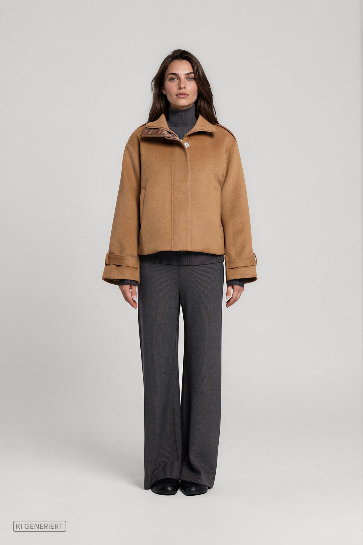 Vorderansicht eines Models in einer camelbraunen Kurzjacke mit hohem Kragen und Riegeldetails an den Ärmeln, kombiniert mit einem dunkelgrauen Rollkragenpullover und einer weit geschnittenen dunkelgrauen Hose.